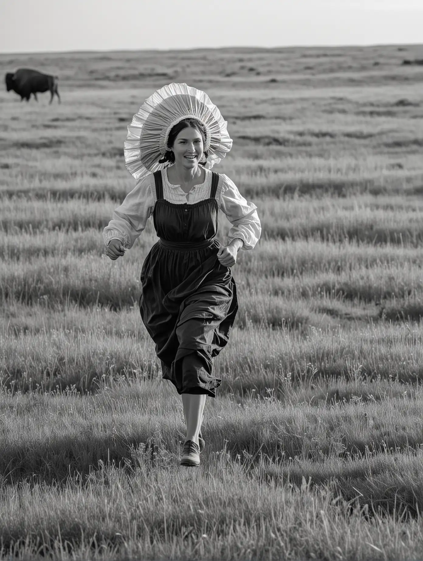 A woman runs through the prairie. She is a pioneer and wears a bonnet. There are buffalo in the background. she is seen from the side. In black and white. 