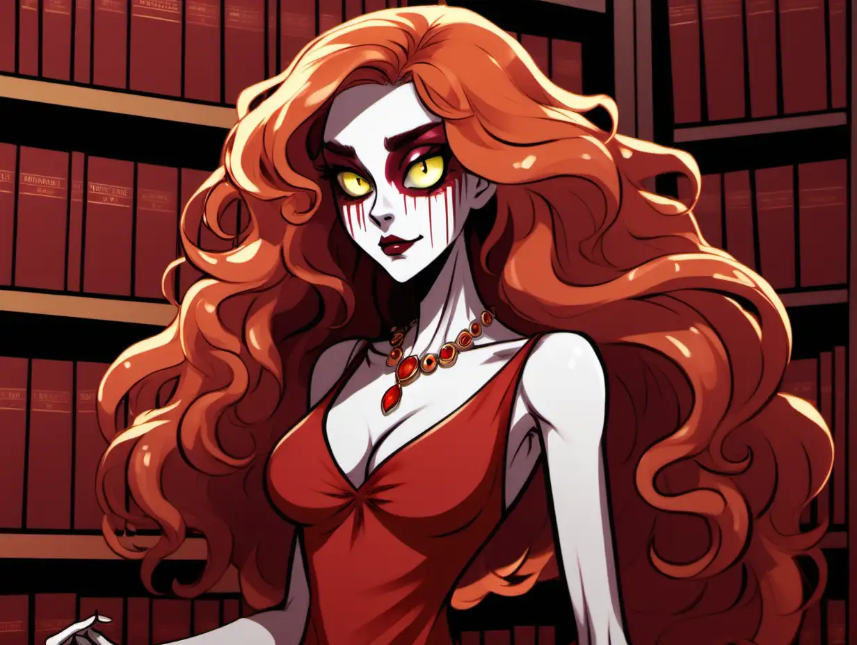 hazbin hotel style art of a woman with very long curly orange/brown hair, yellow eyes with slit-irises, red scales on her face and body, and a red dress. she had a necklace with a bone shard on it. she is in a library and holding an apple