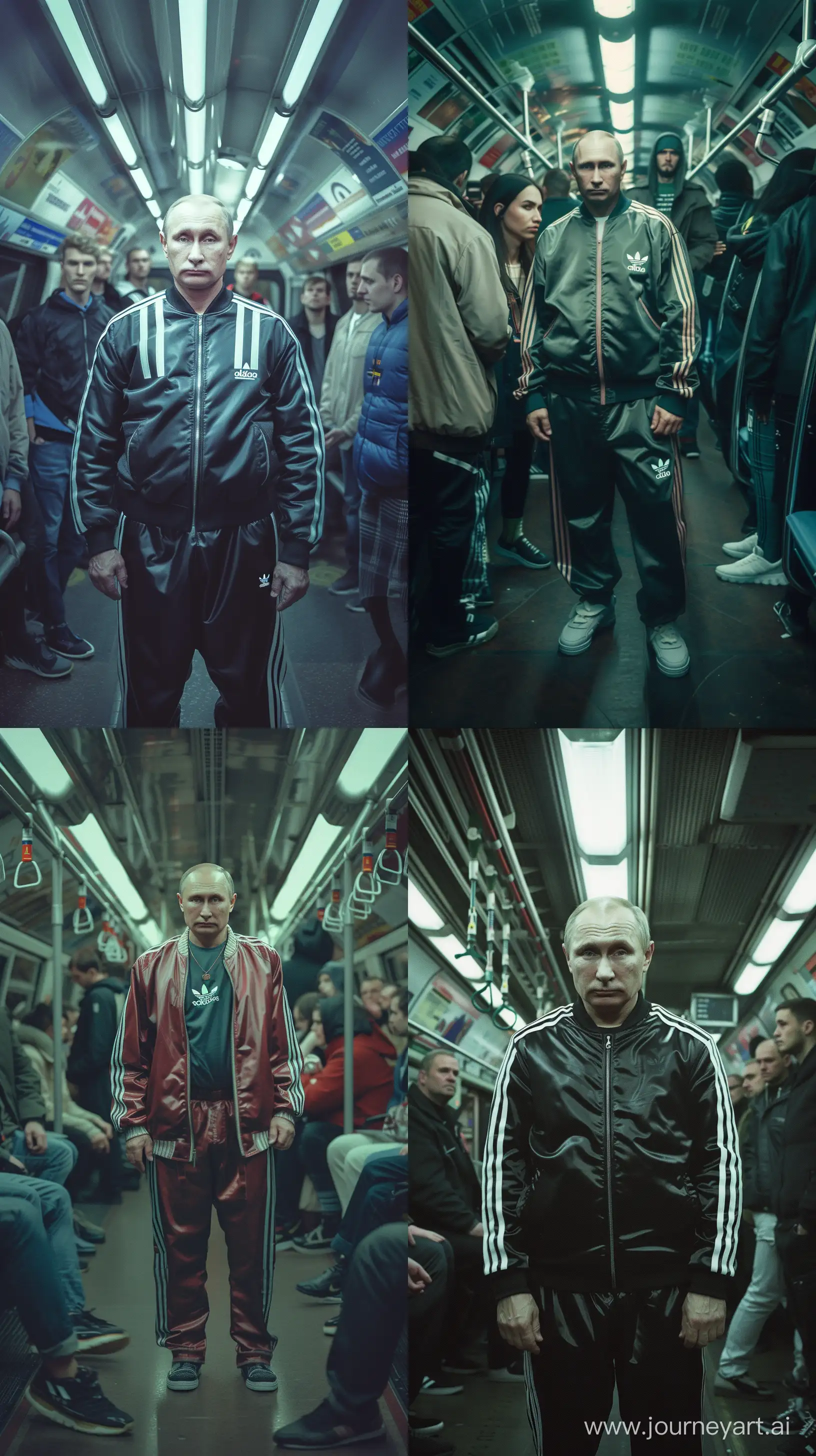 fashion photoshoot, a FullBody portrait of some bad flirty and arrogant Vladimir Putin in metro underground London, vinyl clothes from electronic music style, tight rubber adidas tracksuit combined with tech wear, Analog Night Photography, Cinestill 800 T, shot on Yashica T5, zoomed out, fullbody shot, full view of room, much independent people around, led hard lighting by Sophie Spinelle, he looks flirty and arrogant, hyper realistic, photo realistic, heavy detail --ar 9:16 --v 6