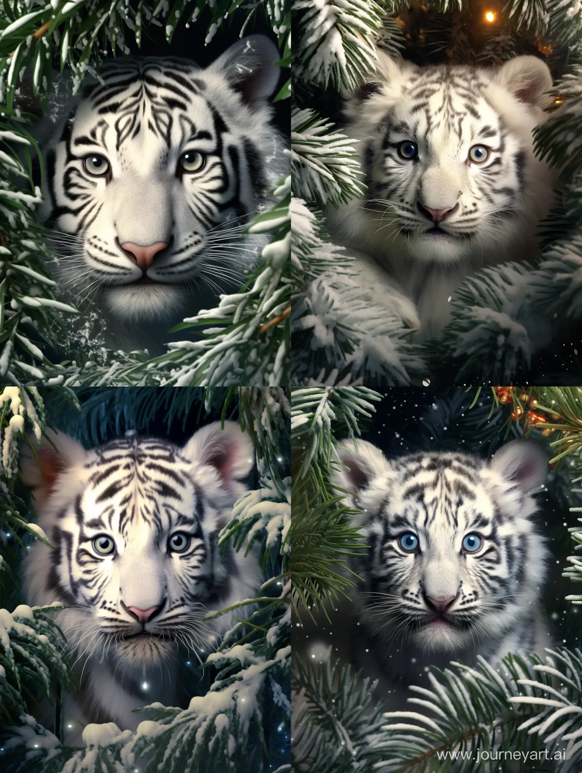 Милый очень пушистый нежный малыш белый тигр выглядывает из под веток  ёлки, красивые глазки  fantasy, сказочный новогодний лес, мягкий свет, glitter,   профессиональное фото, красиво, реалистично, высокое разрешение, высокая детализация, гиперреализм,  высокодетализированная цифровая живопись, f/19,  искрящийся снег, 4k