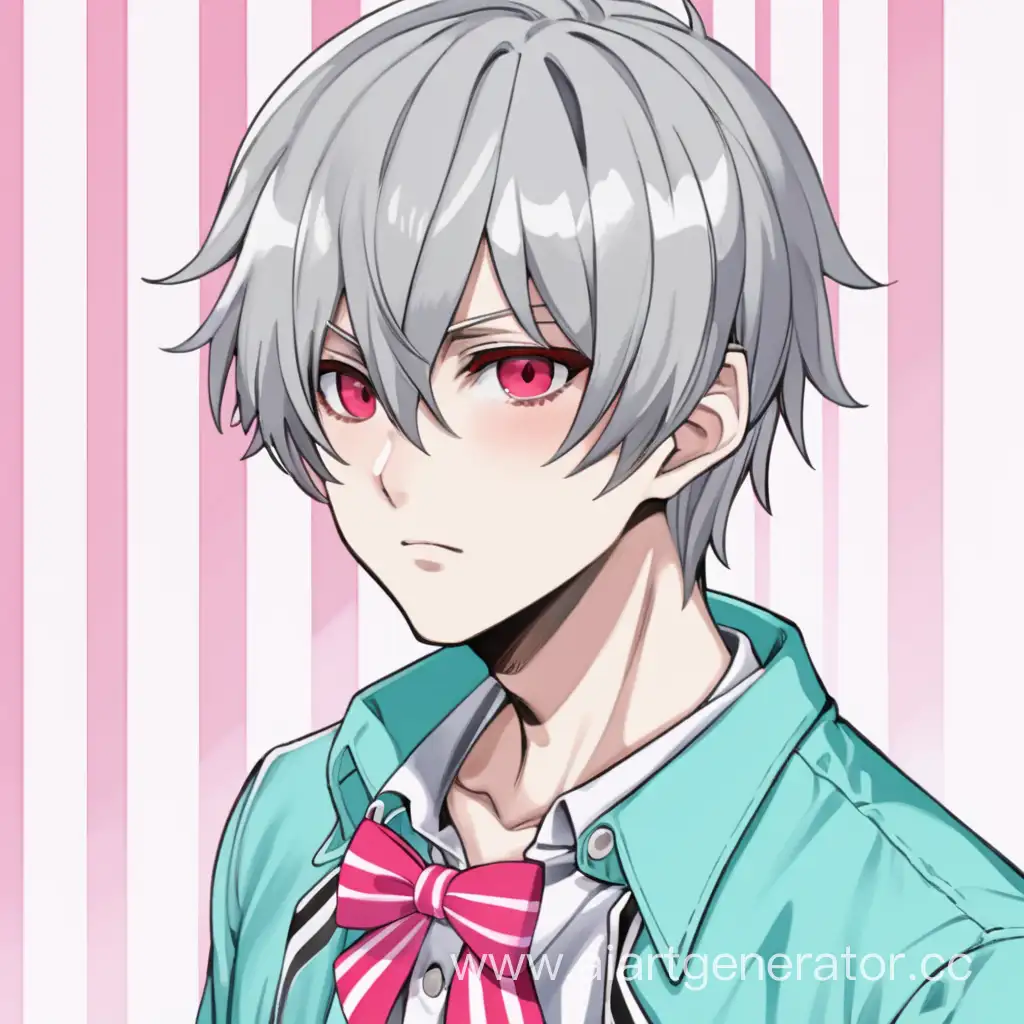 Anime guy, gray short hair, red eyes, pink striped bow on the neck, cyan shirt