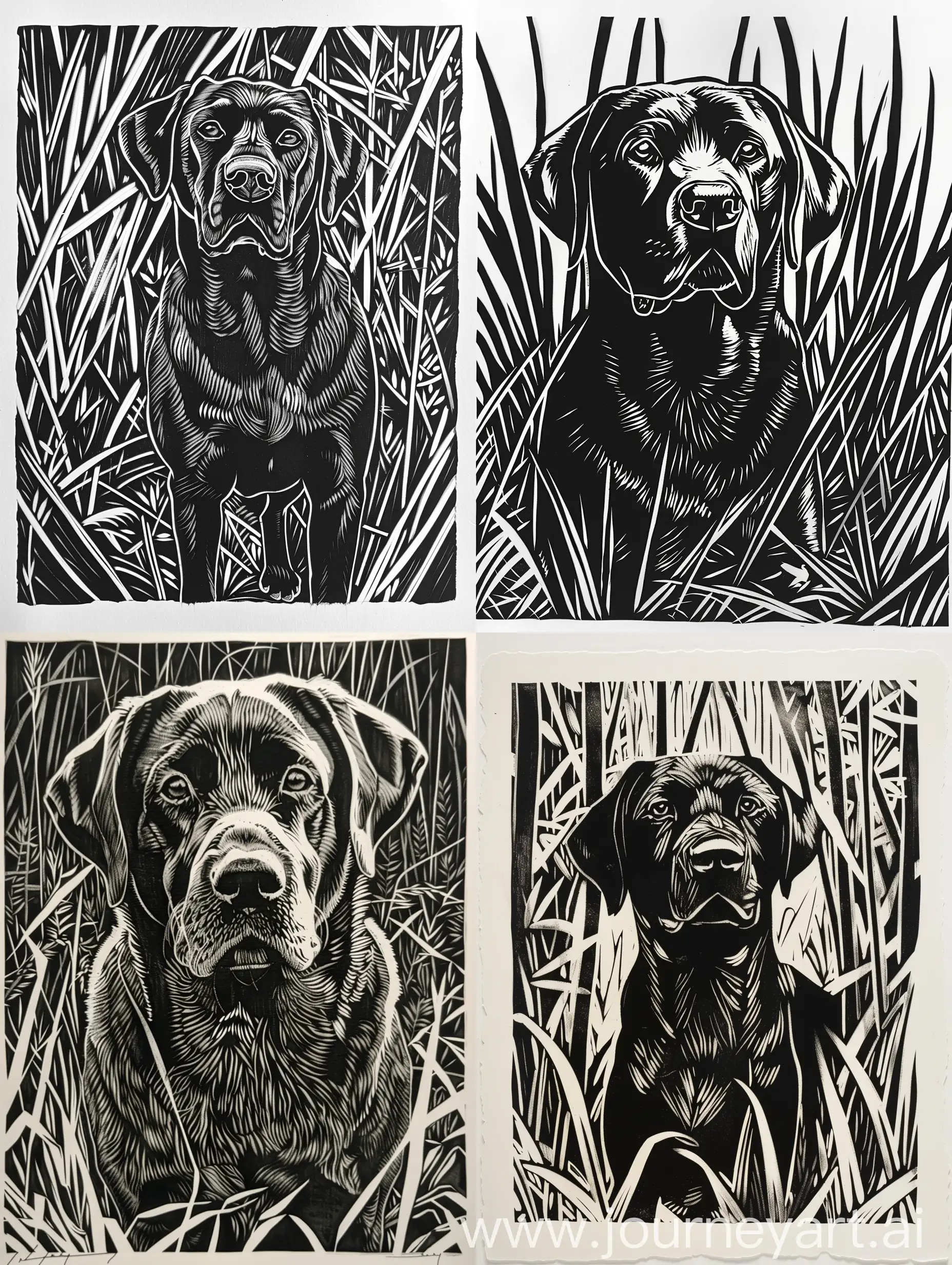 A set of black and white woodcut prints with a Labrador dog as the theme, with a background filled with layered vegetation. Each work employs various knife techniques, showcasing clear and harmonious visual processing intentions, bringing unique visual enjoyment.