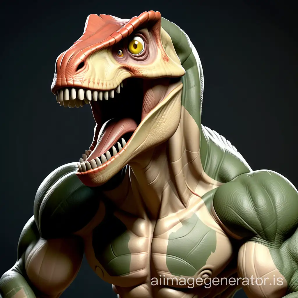 A character who is a cross between a man and a dinosaur. The character has the body of a very key person, but her head is that of a dinosaur. The head of the dinosaur resembles a velociraptor, with sharp teeth and focused eyes. The body is very muscular, with defined pectoral muscles, abdominal muscles, and egg muscles. The texture of the skin on the body looks human but has the color similar to the head of the dinosaur. The figure's hands are human but with claws at the edges of their fingers. Full body zoom out