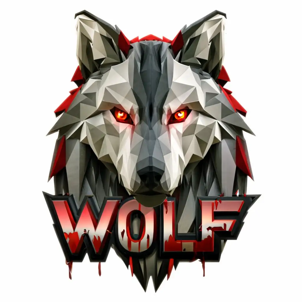 a logo design,with the text "WOLF", main symbol:Make a realistic wolf sports logo. Make the wolf bloody, make it blur gray and white,Moderate,clear background