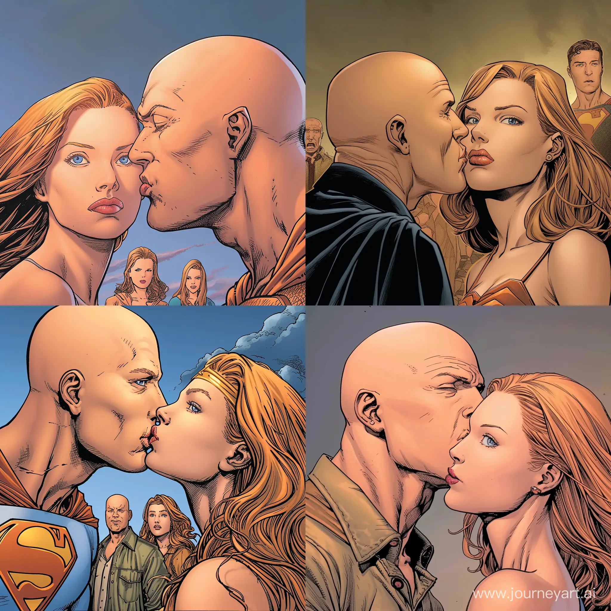 Lex Luthor, portrayed by Michael Rosenbaum, bald kissing a woman . The woman has a light-medium golden complexion, a squared face shape, full lips, blue eyes, dirty blonde eyebrows arched toward the tail, a button nose, and long, straight strawberry blonde hair with wispy bangs. Meanwhile, Martha Kent (Annette O’Toole version), Jonathan Kent (John Schneider version), Clark Kent (Tom Welling version), Lois Lane (Erica Durance version), Chloe Sullivan (Allison Mack version), and Kara Zor-El (Laura Vandervoort version) are all watching in horror.