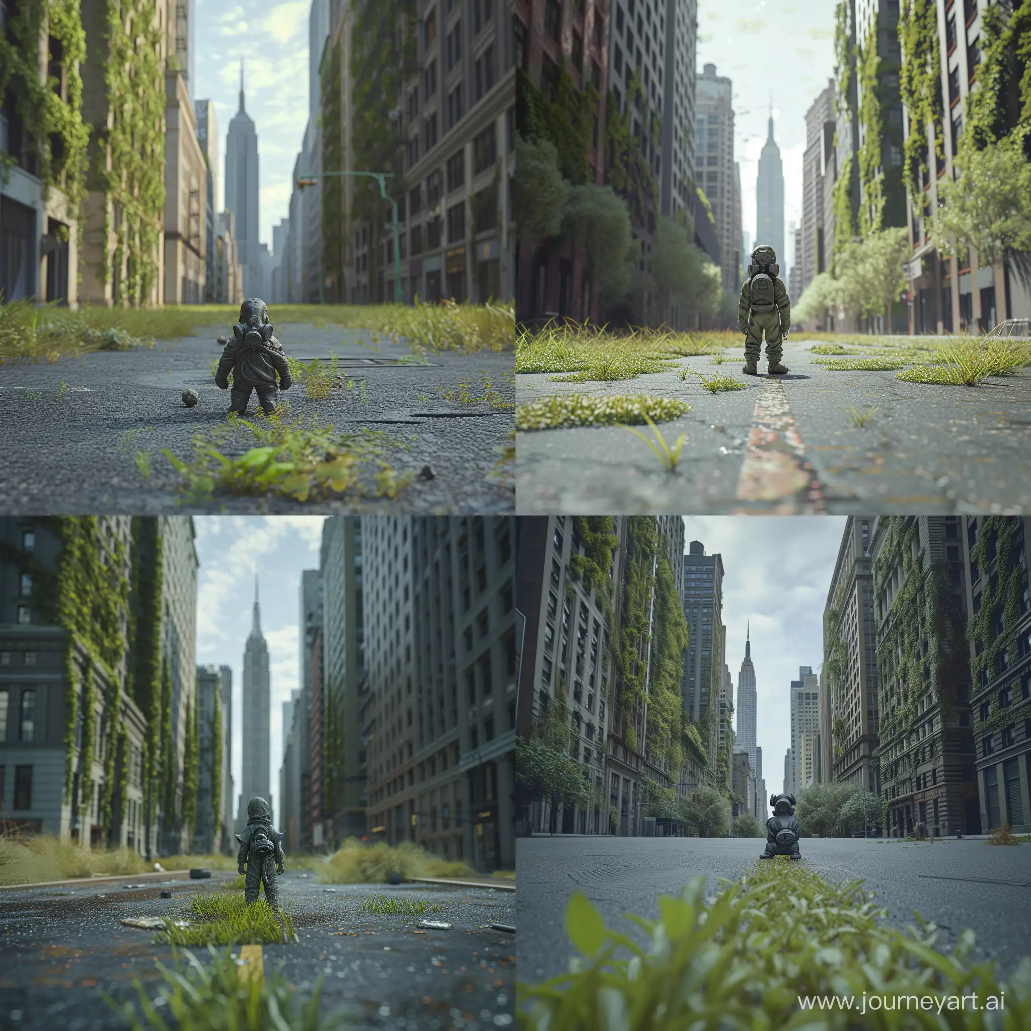 Ultra-realistic cinematic photo of a small figure of a man in the centre staying back to the camera wearing a gas mask and rubber clothes. He stayes in the centre of a wide street of New York and looks at the skyscrapers covered with ivy, and the asphalt underfoot is overgrown with grass