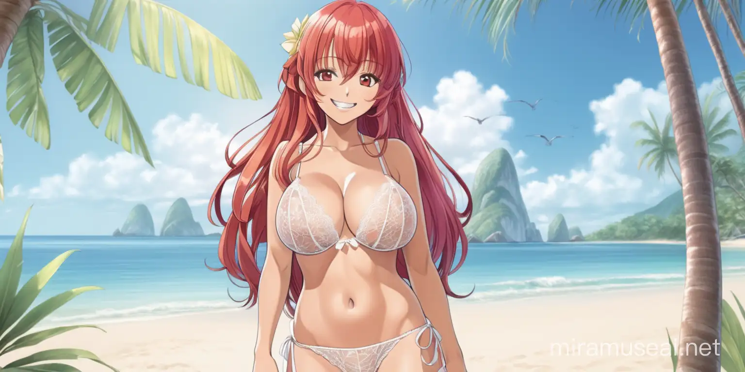 Anime style - smiling, red-headed, long-haired, tanned woman with large breasts, wearing lacy lingerie, standing on a tropical beach