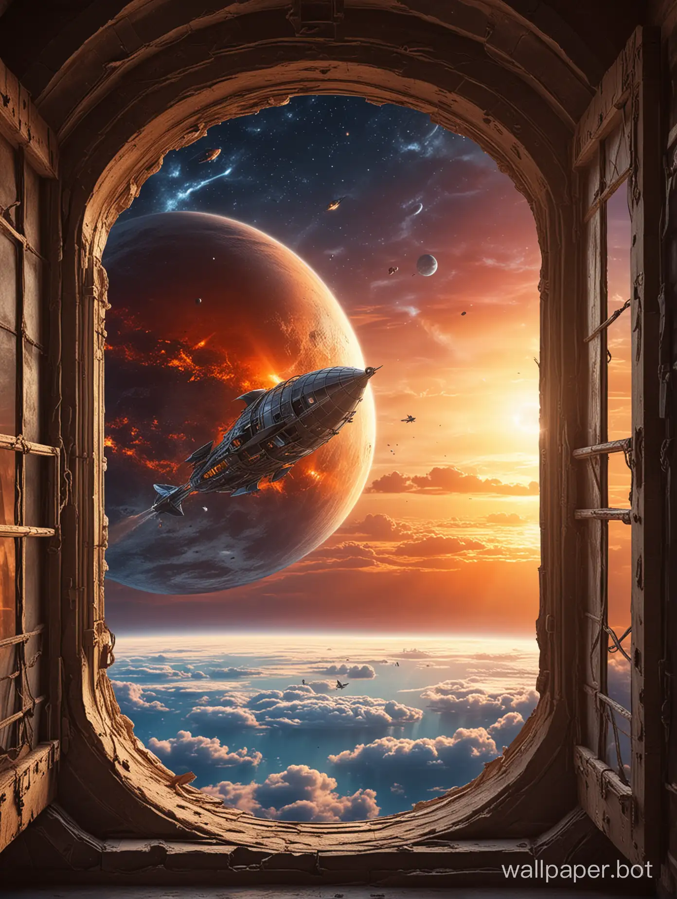 Window into fantasy space with planet. fantastic tower against sunset background. There is an airship with sails in the sky. High resolution. Very definition.  sci-fi. 