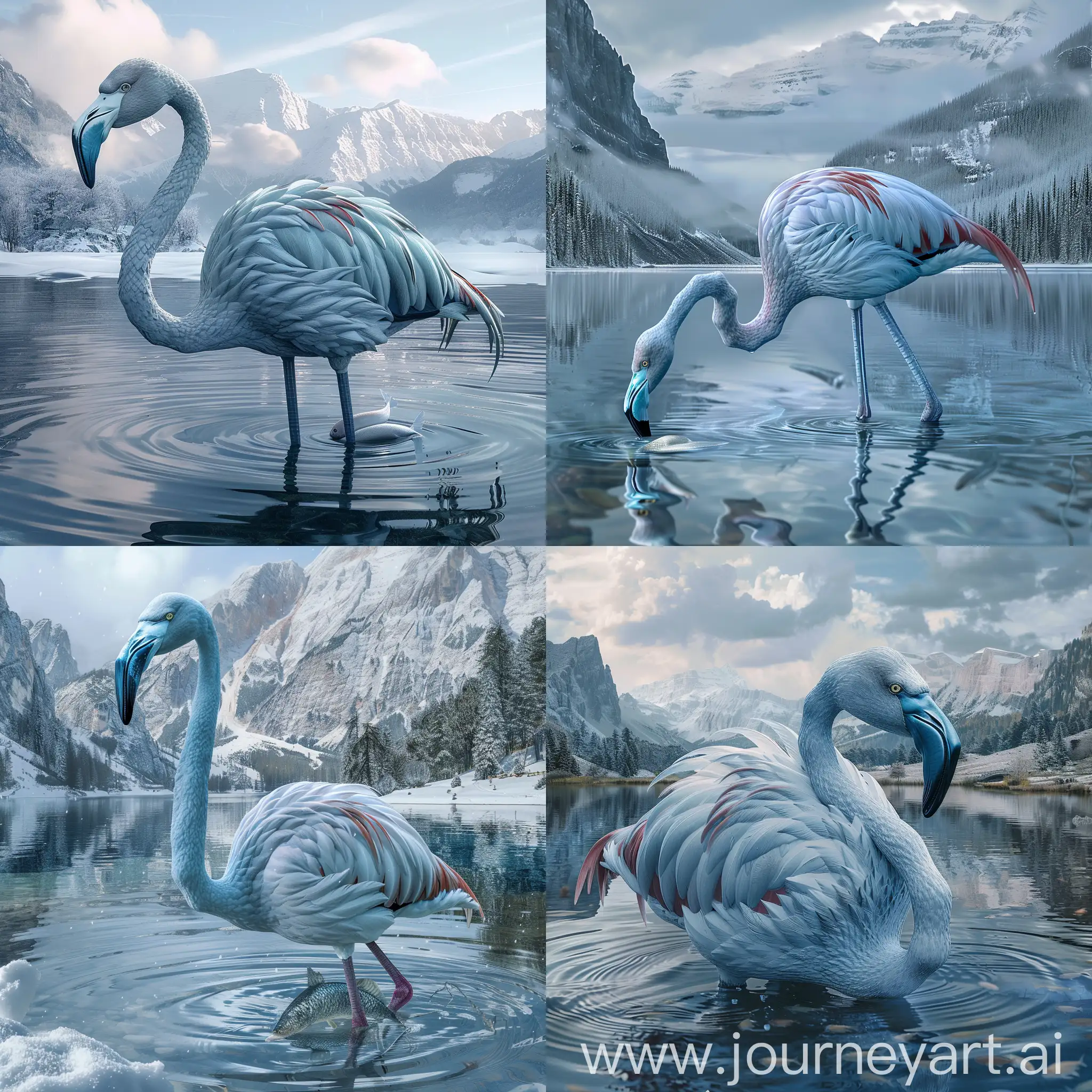 Realistic-Flamingo-Bird-Standing-in-Winter-Mountain-Lake