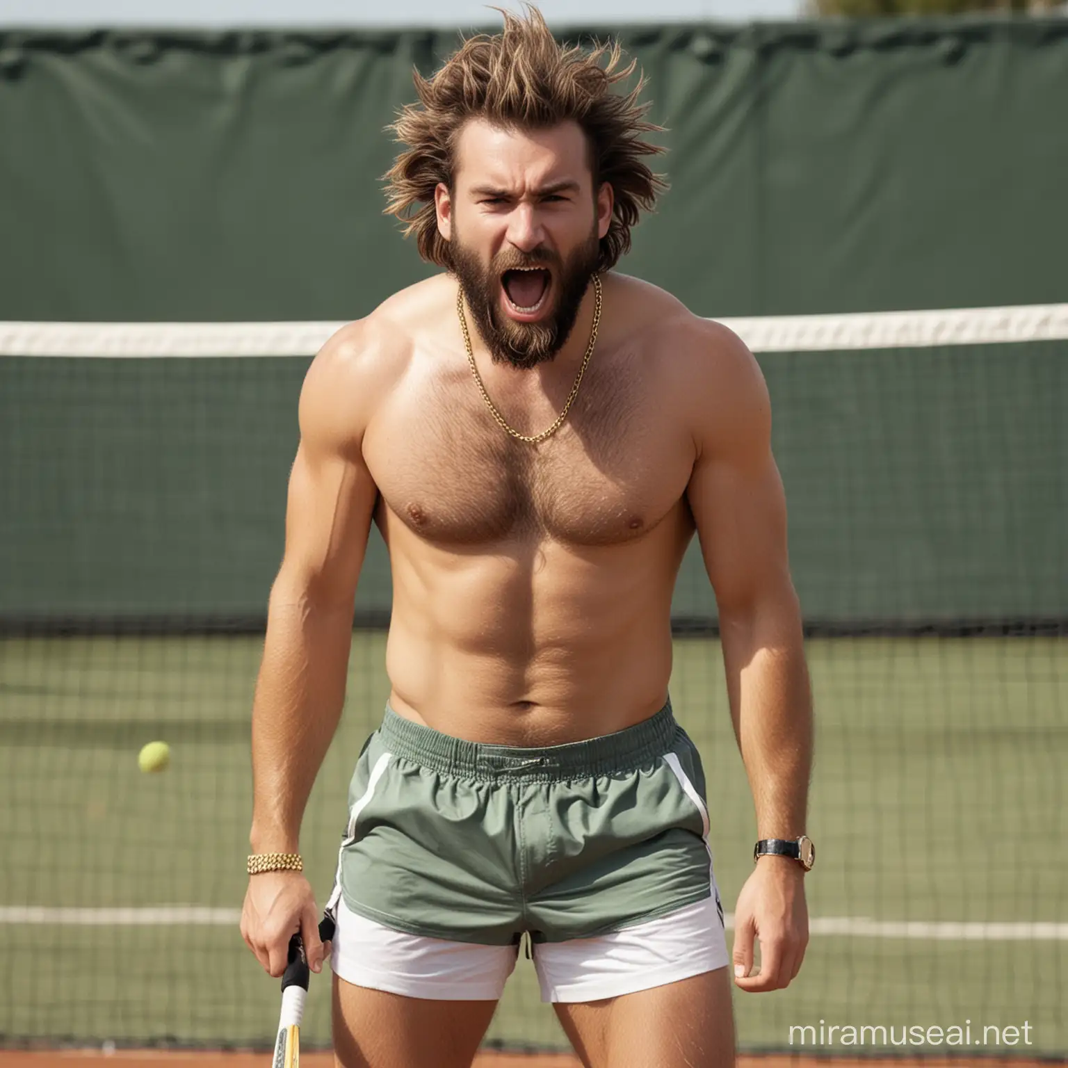 Hairy Guy, playing tennis Shirtless, Wearing very tight shorts, looking all read in the face from screaming, 90's style
 90'S STYLE, wearing gold chain, VERY hairy chest, Greasy hair, lazy beard