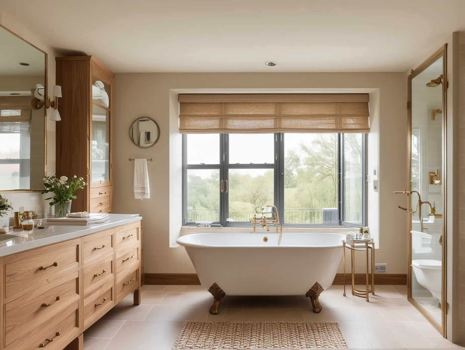 a modern farmhouse bathroom with a large claw foot bath with brass floor bath filler, a double sink vanity made of walnut wood with beige quartzite counter and brass lever basin taps, a large shower with brass-framed glass doors, a window with linen roman blind, limestone floor tiles, beige limewash walls,