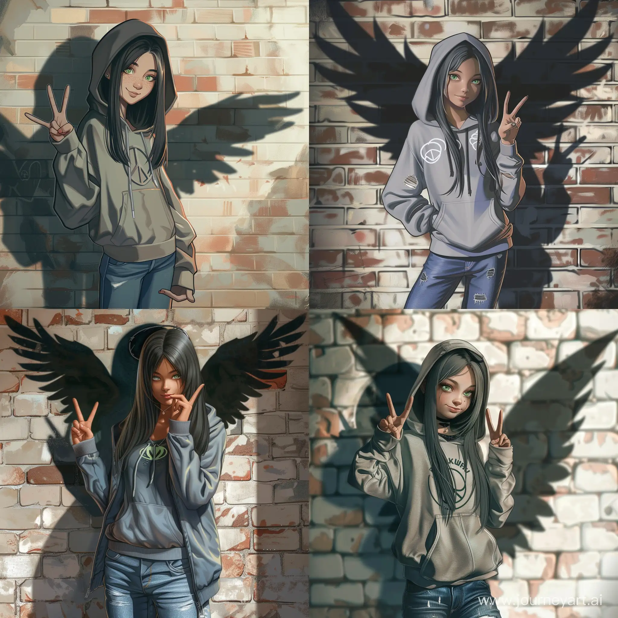 Stylish-Teenage-Fantasy-Darkhaired-Girl-with-Peace-Sign-and-Ethereal-Wings