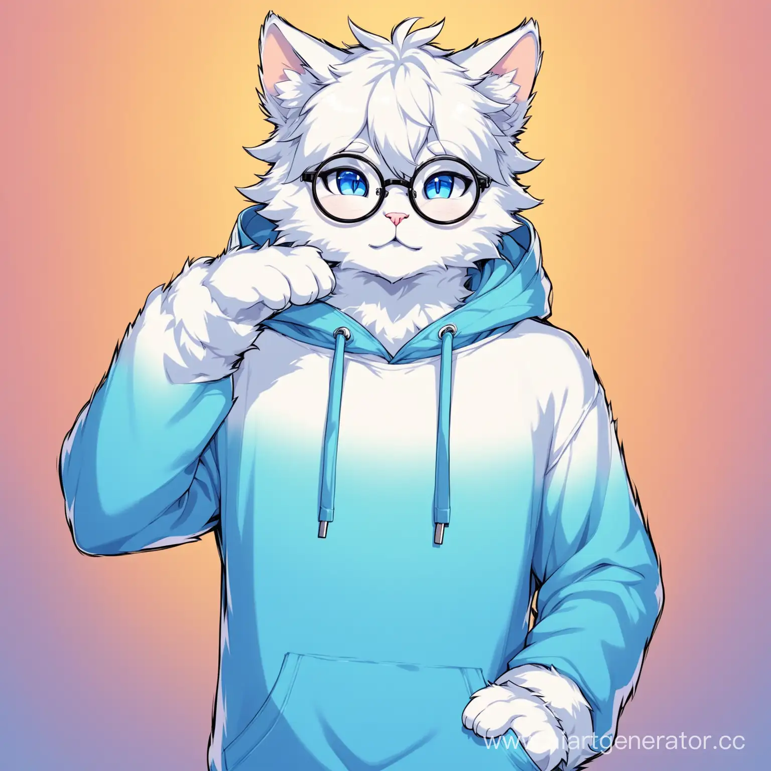 Adorable-White-Cat-Wearing-Blue-Hoodie-and-Glasses