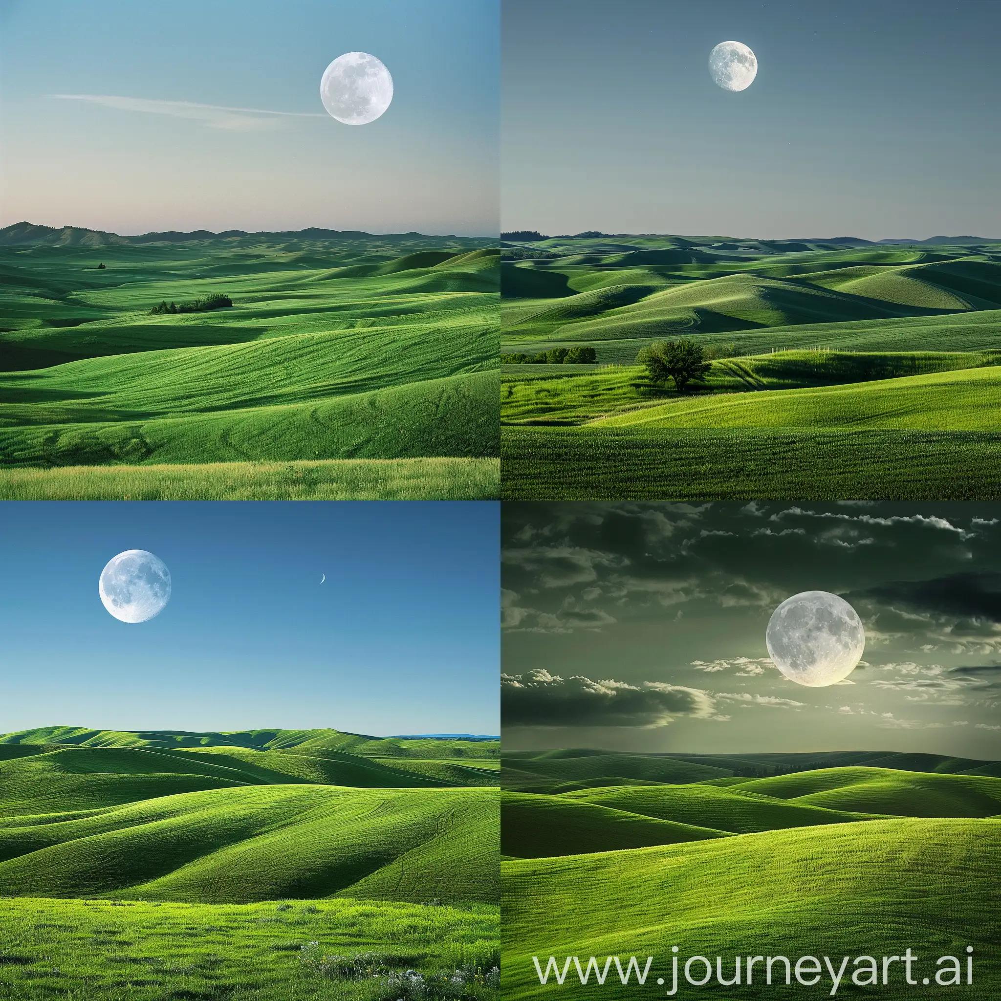 A green rolling prairie with a full moon overhead