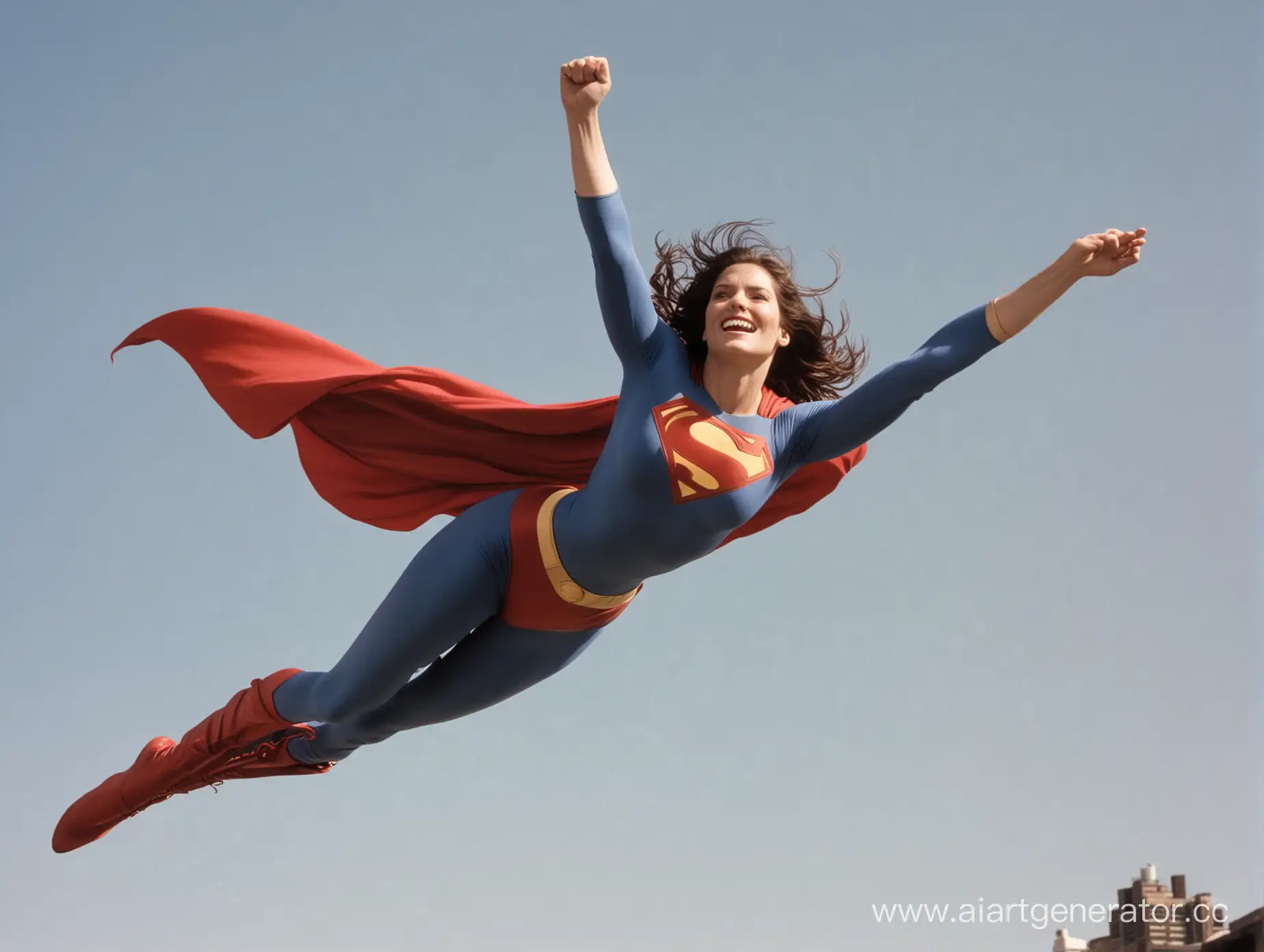 A female version of Superman, she is wearing the classic Superman costume worn by Christopher Reeve in “Superman: The Movie”, her body is fit and athletic, she is flying in the sky like Superman, her arms are reaching out in front of her, her hands are fists, she is laughing