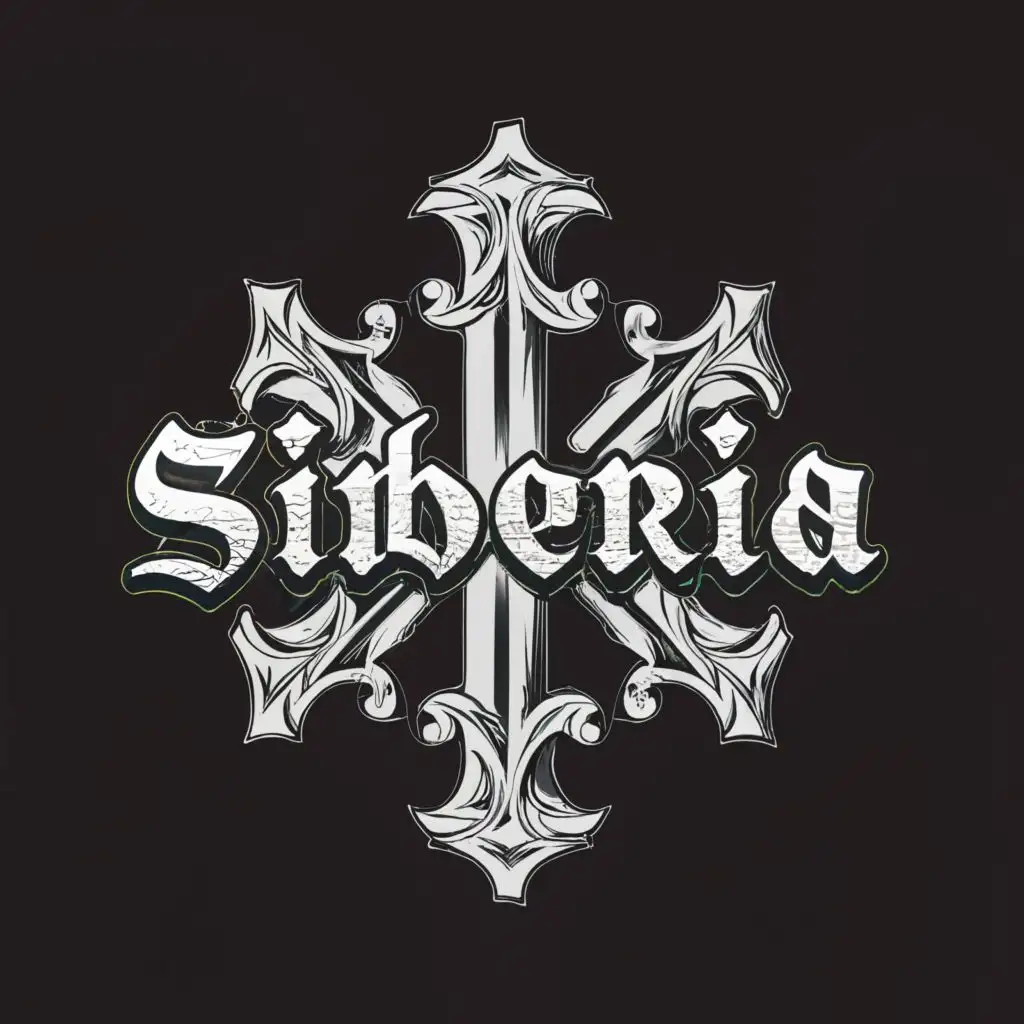 a logo design,with the text "SIBERIA", main symbol:A White Gothic crucifix like Cross with White Text in the center of the cross,complex,clear background