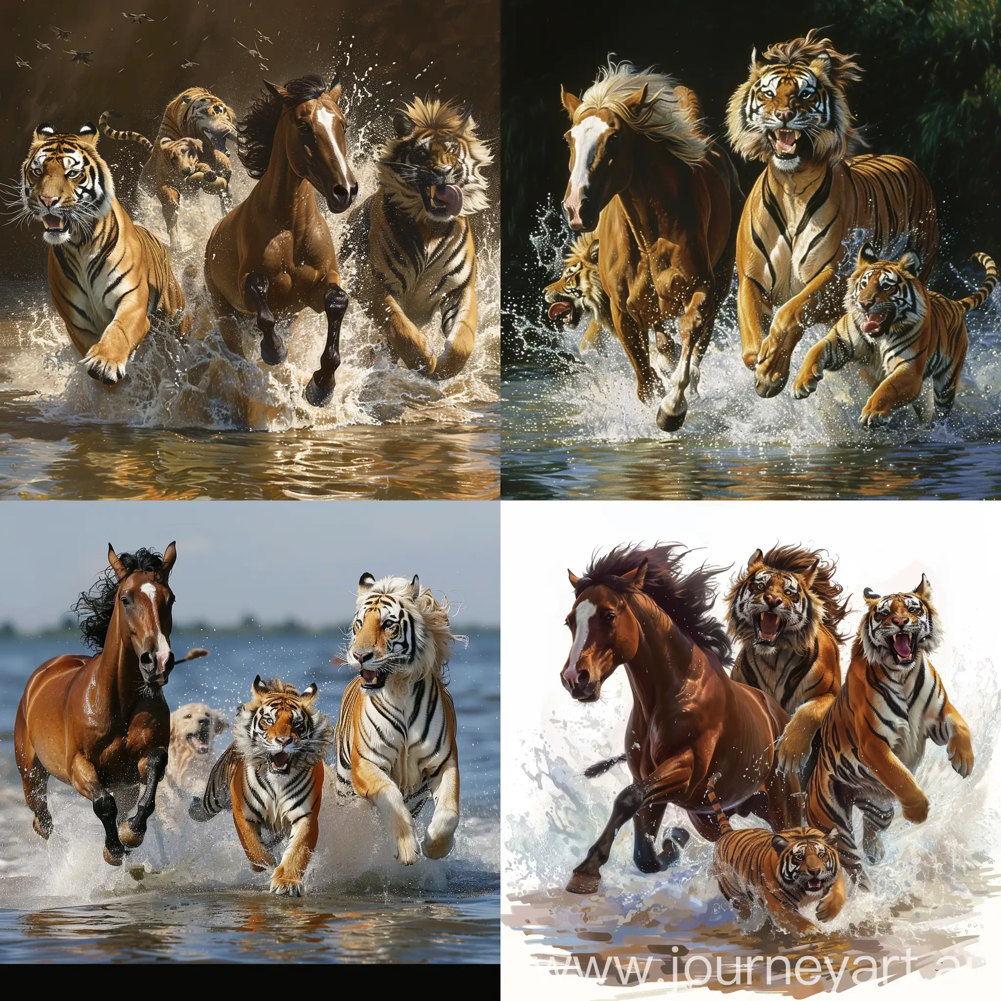 Лошадь, тигр и собака бегут рядом, по воде,
