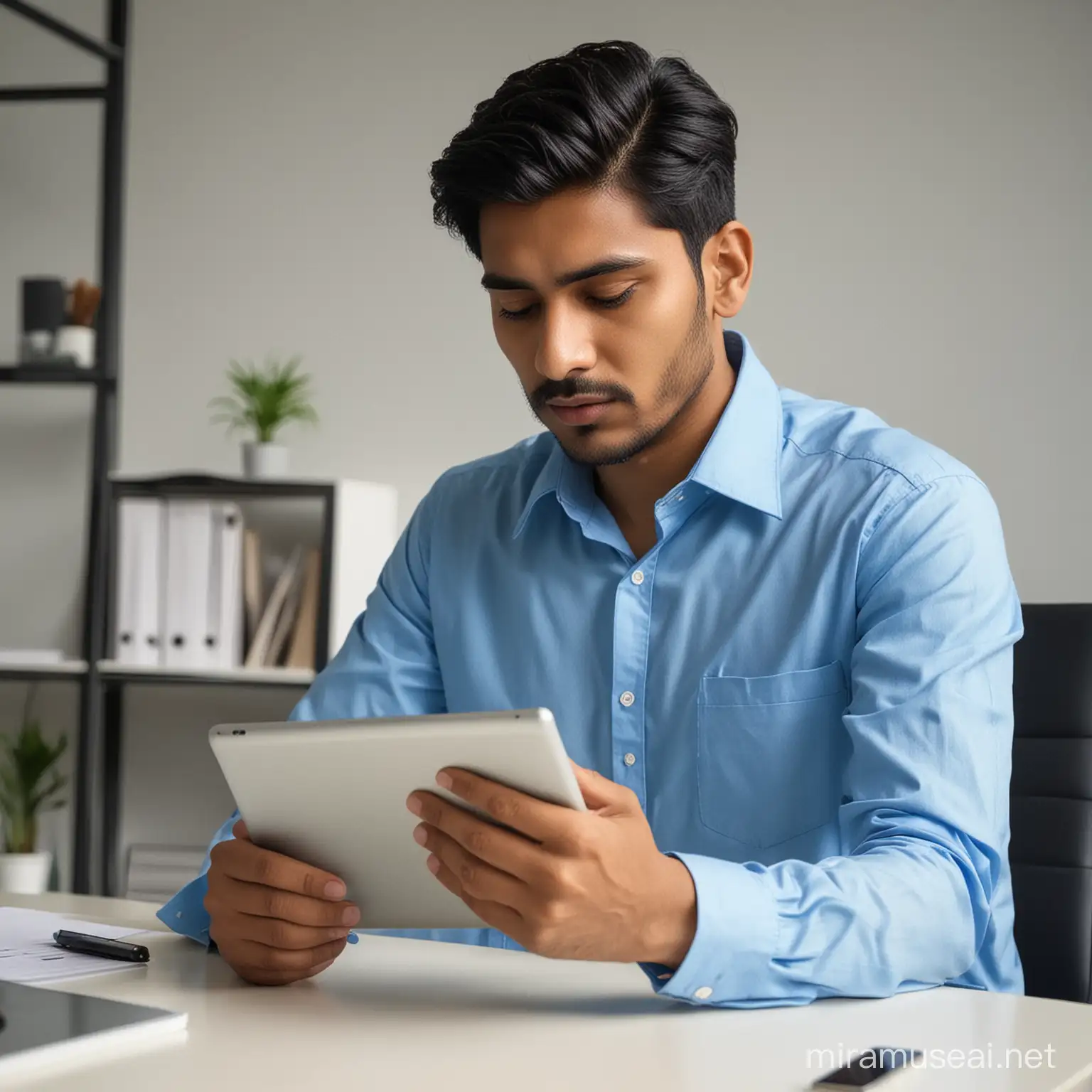 young indian man wear blue Shirt, uses tablet. working at office