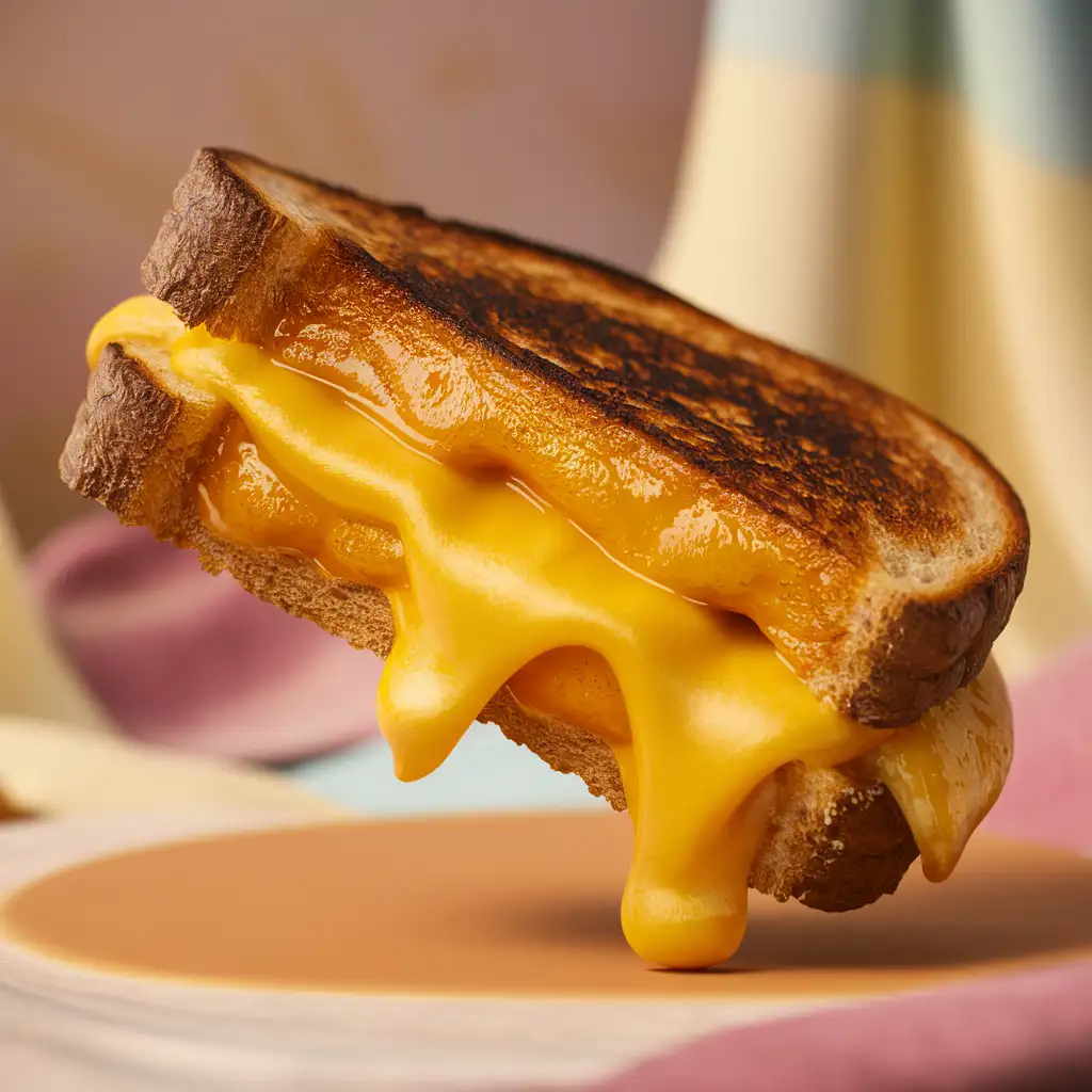 side angle view of a melty grilled cheese floating 