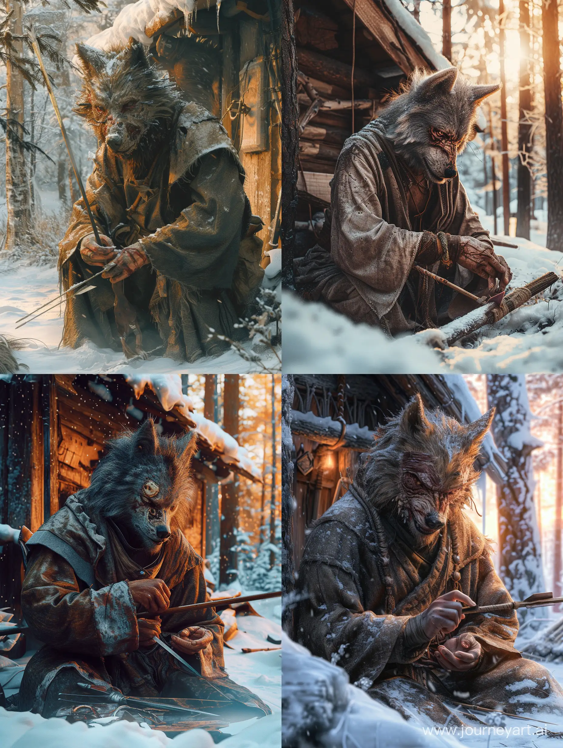 Solitary-Wolf-Warrior-Crafting-Spear-in-Snowy-Forest