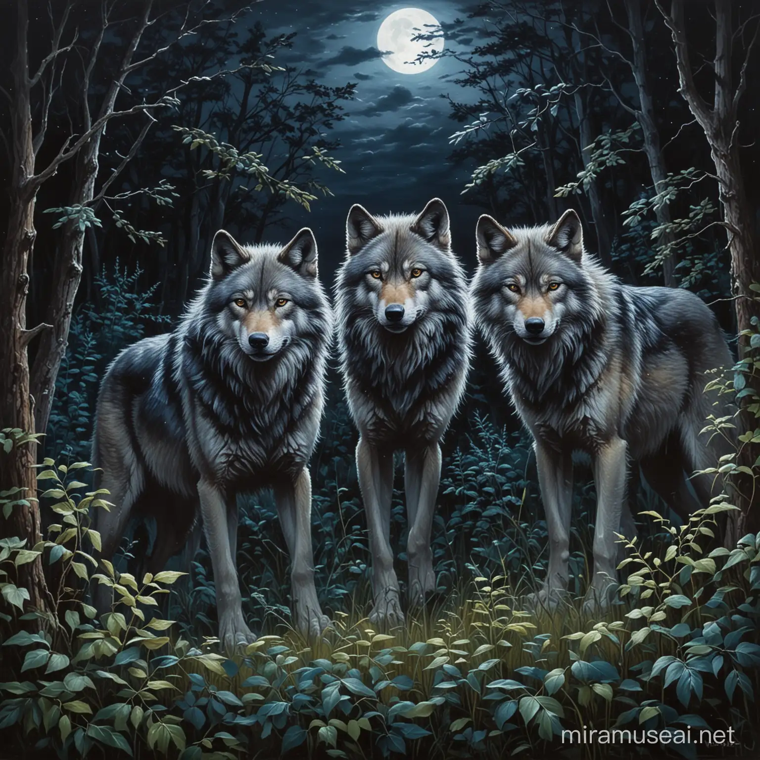 Nighttime Bushes Wolves Oil Painting