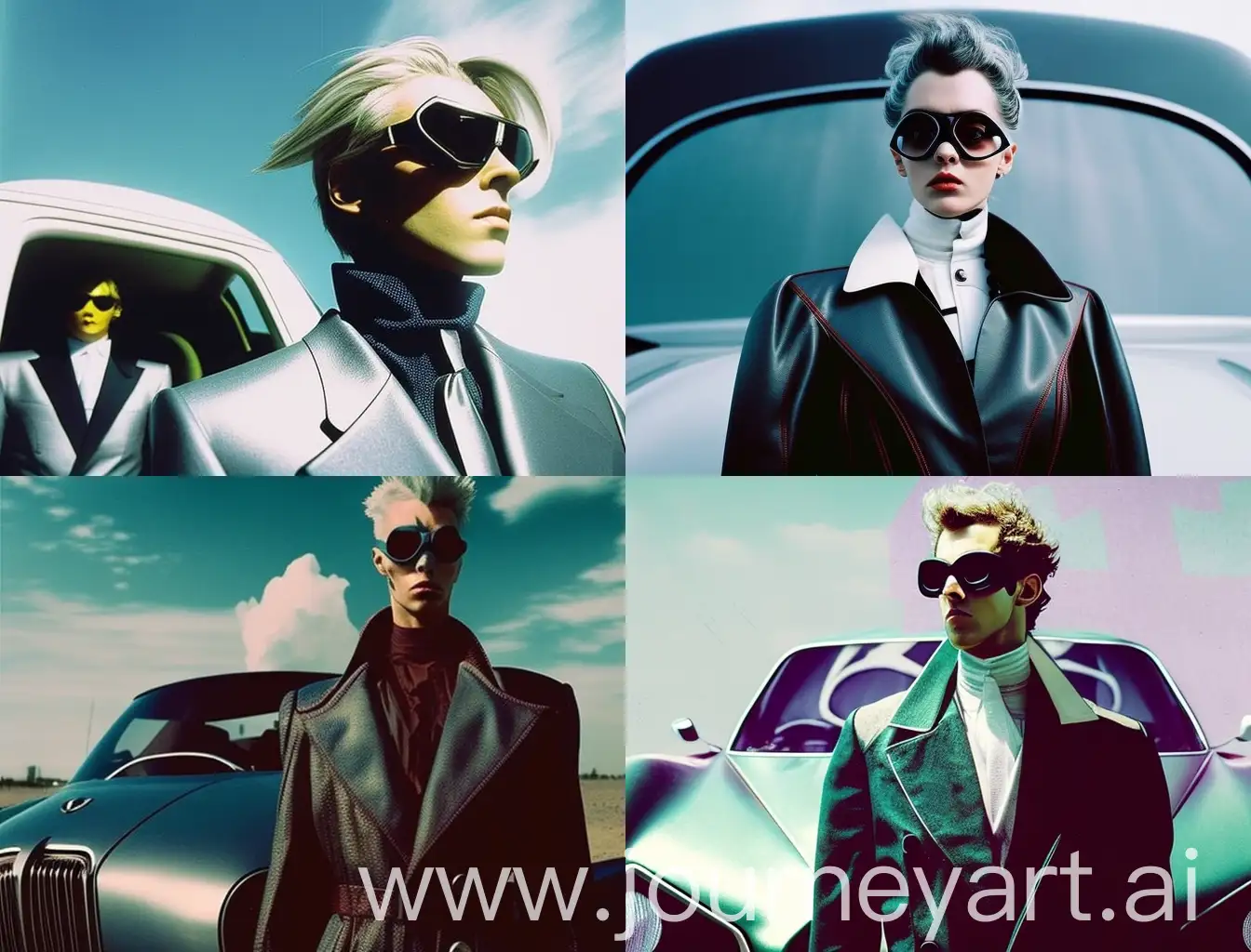 jet 1990s experimental grainy film photography wide angle futuristic car designs fashion clothes designs with minimalist stoic oversized suit with leather harness sunglasses earbuds perfect faces renaissance painting