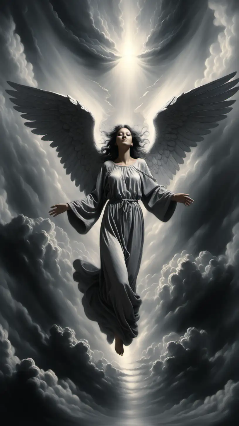 Ethereal Woman Angel Soaring Through Celestial Clouds