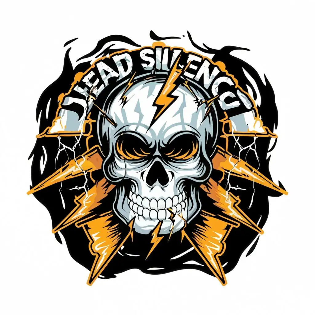 logo, a sad lightning skull with lightning falling out of the scary eyes white background dead silence under the lightning skull  white backround, with the text "dead silence", typography