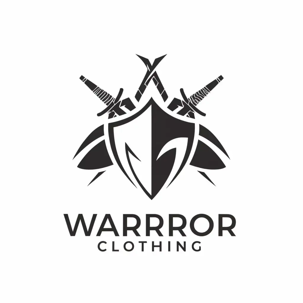 a logo design,with the text "Warrior clothing", main symbol:Katana, axe and shield,Minimalistic,be used in Sports Fitness industry,clear background