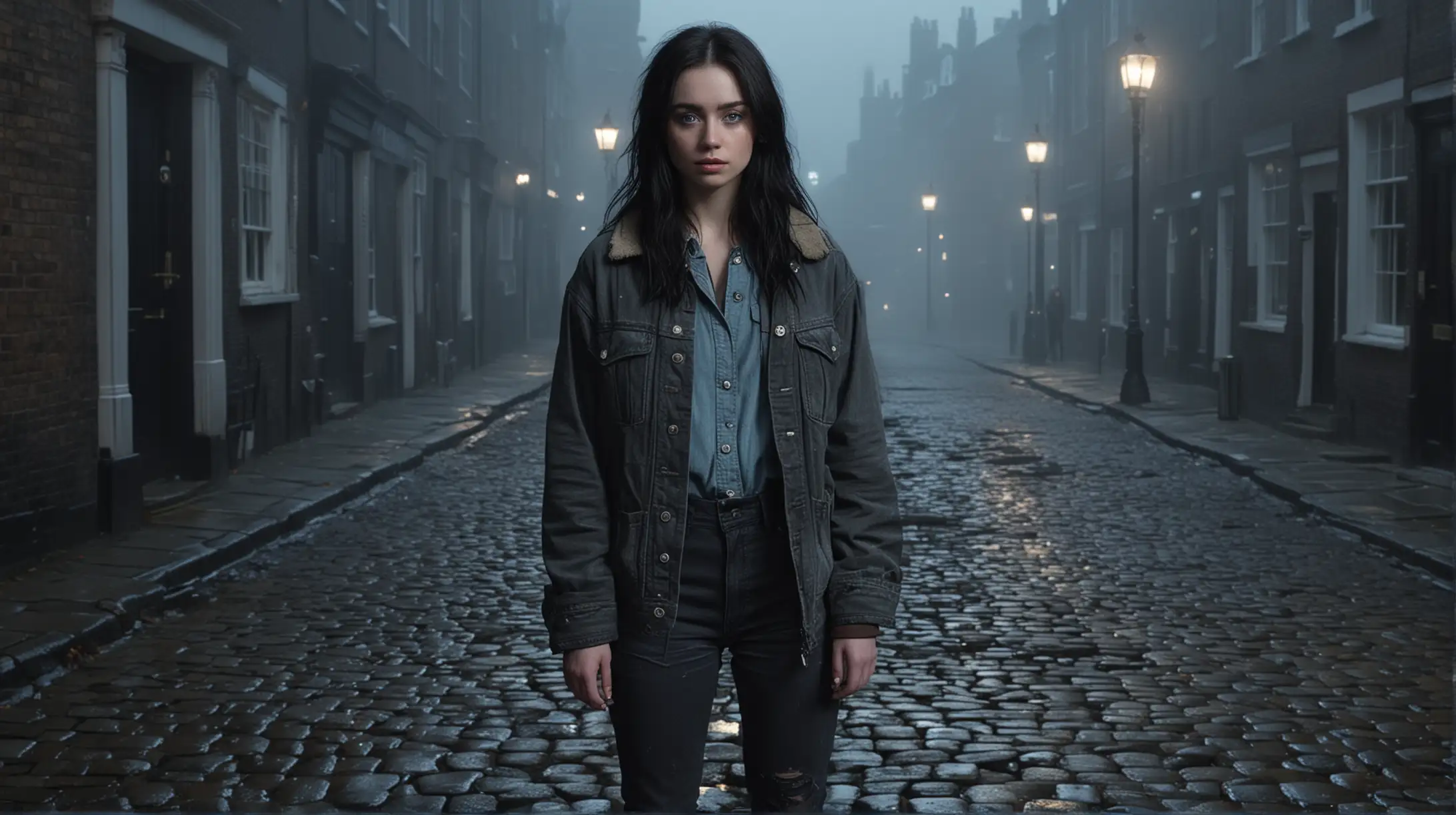 Create a cinematic image of an 18 girl, dressed in a junker jacket, junker pants, blue eyes, long black hair, dirty face, looks like Jessica  Barden. standing on a cobble stoned deserted street on a foggy moonlit night in old London.  Atmosphere is a sense of errie mystery. Photo realistic. 