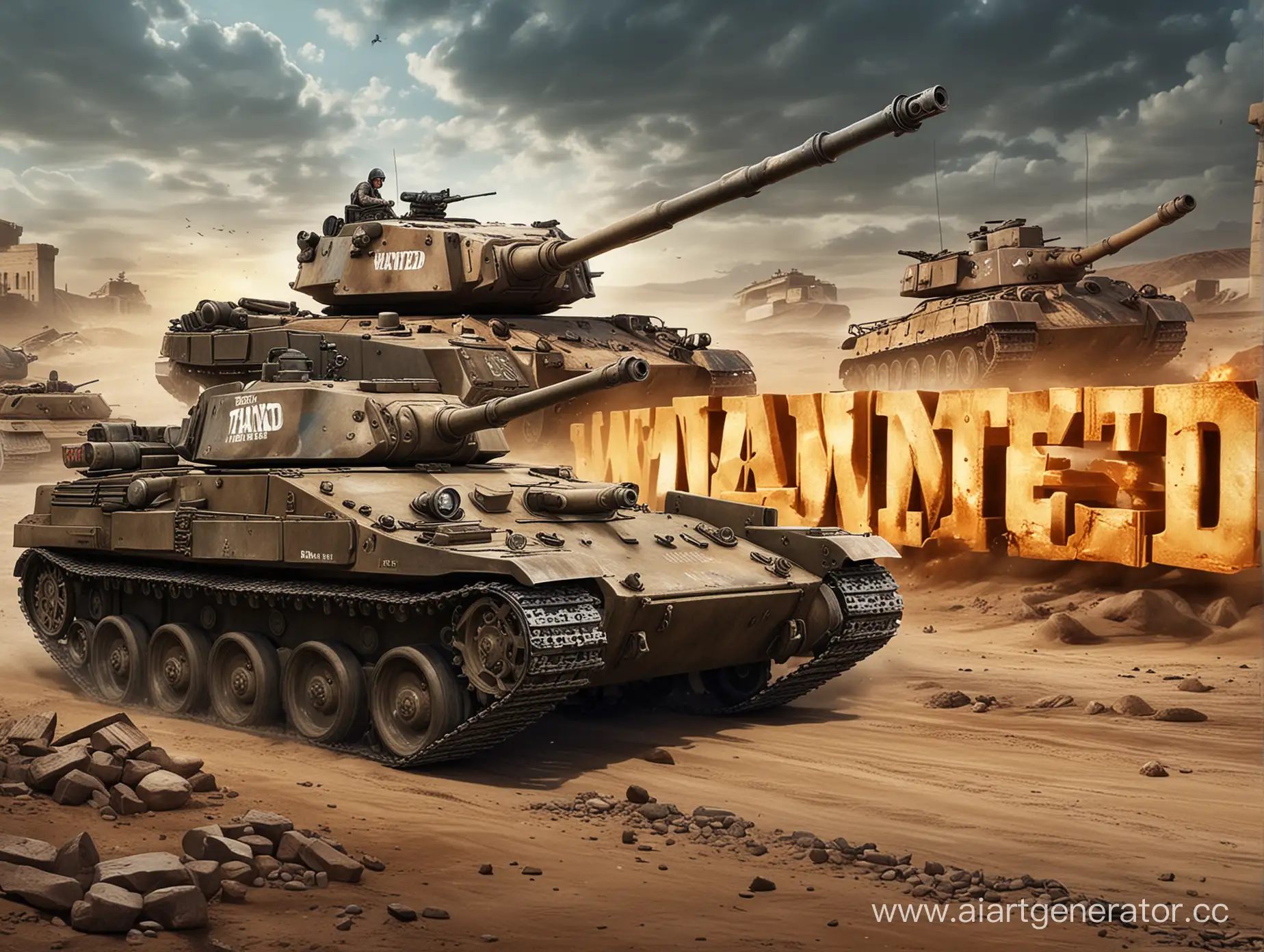 надпись "WANTED" на фоне с танком из игры "Танки Онлайн"
