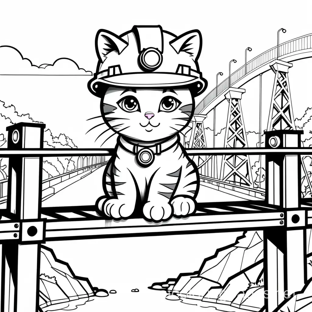 cat wearing a hardhat on a bridge  being an engineer
, Coloring Page, black and white, line art, white background, Simplicity, Ample White Space. The background of the coloring page is plain white to make it easy for young children to color within the lines. The outlines of all the subjects are easy to distinguish, making it simple for kids to color without too much difficulty