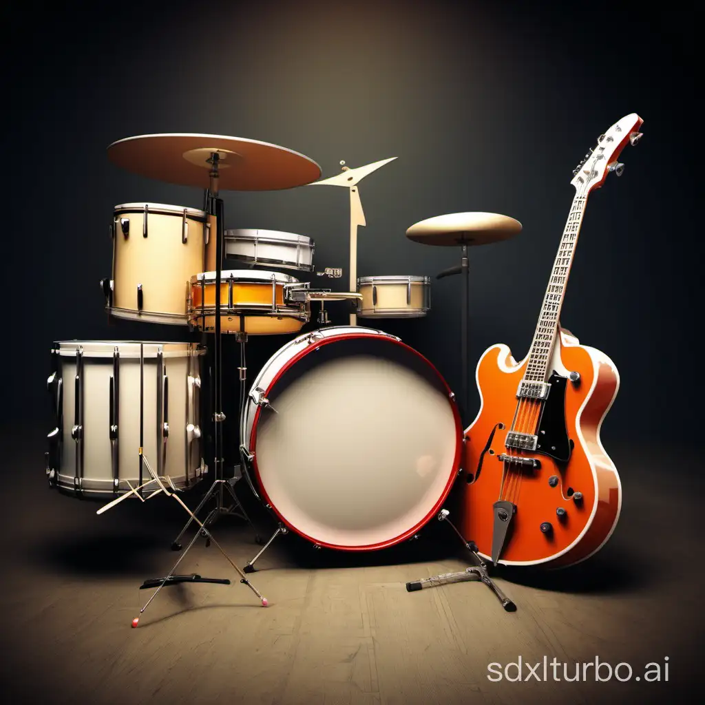 Drum set with upright bass and an electric guitar.