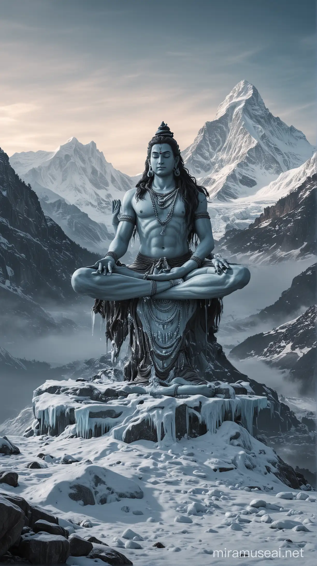 Lord Shiva meditating on a icy mountain long shot
