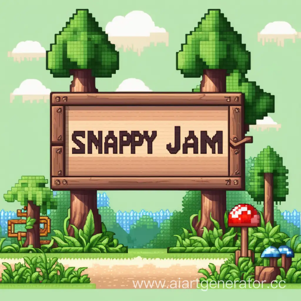 Rustic-Pixel-Art-Tranquil-Nature-Scene-with-Snappy-Jam-Wooden-Sign
