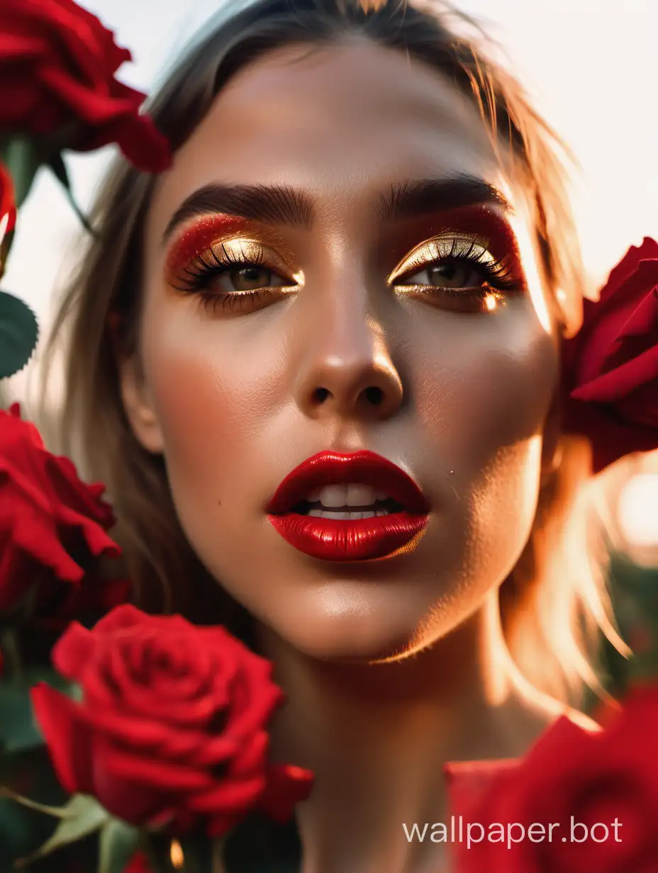  candid portrait sharp extreme close-up photography of an Instagram model, 35mm, surrounded by red roses, wearing haute couture, red lips, natural makeup, glowing skin, summer, golden hour lighting, excellent visual focus on the face, eyes and clothing through the processing of light and textures of the fabric, surreal nature --c100 --s 80 --w 35 