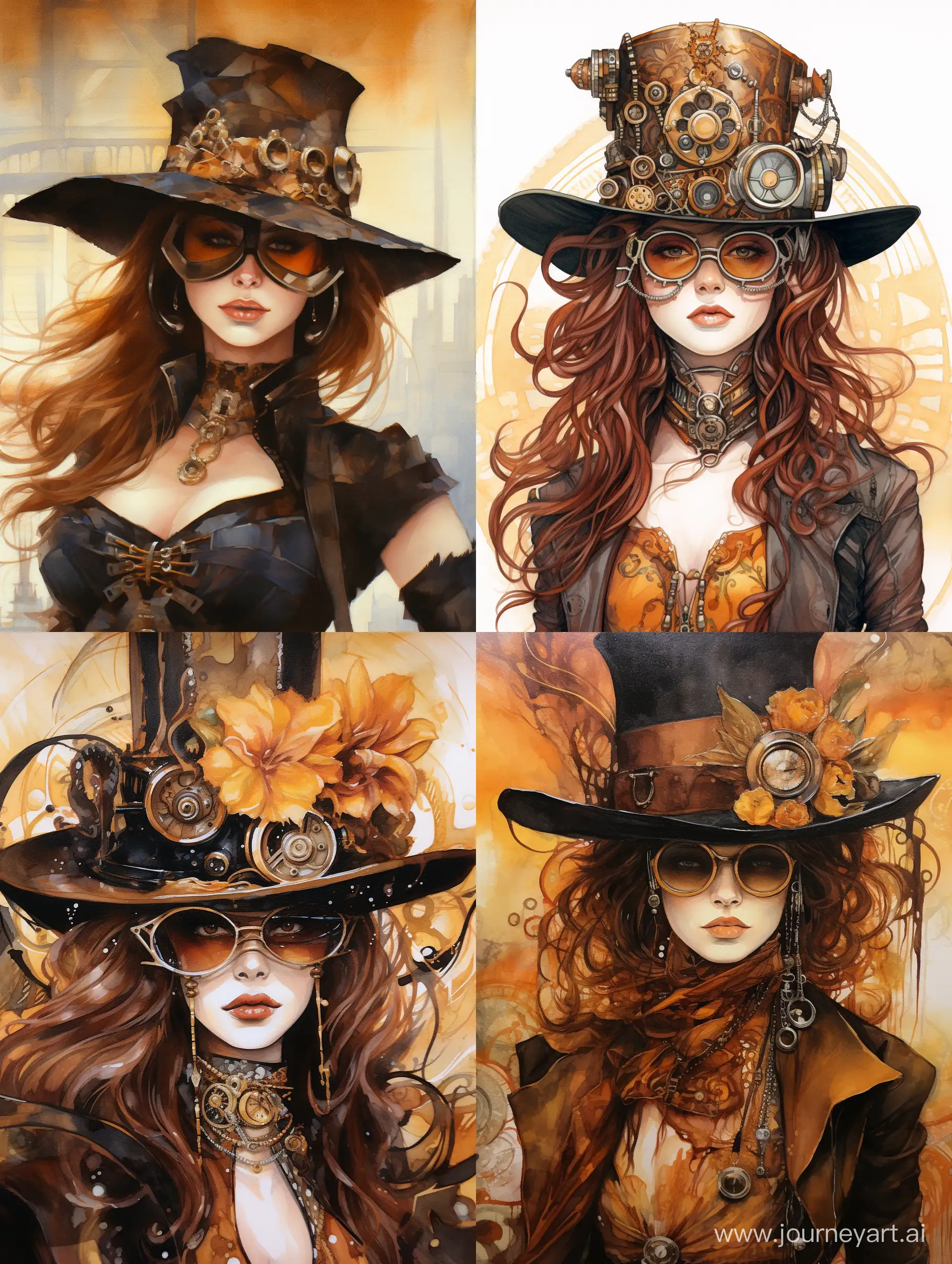 a steampunk woman with piercing eyes. She wears a wide-brimmed hat with jewelry and steampunk glasses. Her posture and gaze convey confidence. The outfit and accessories feature gold and brown tones, complemented by mechanical and floral elements that create rich texture and detail. Still from the film. Oil painting, paint smudges, alcohol ink, splash