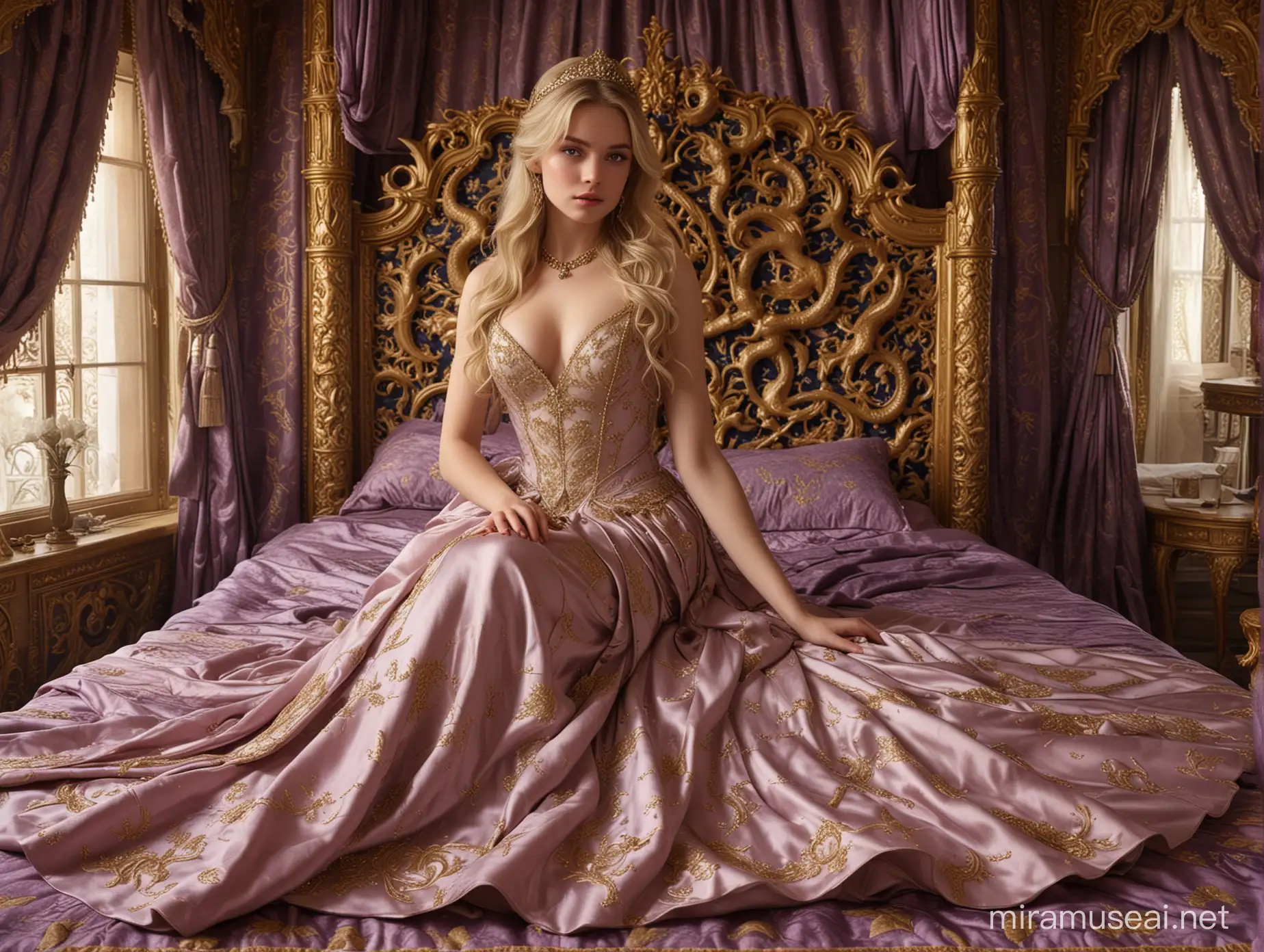 High resolution, 4k , ultra-photorealistic photography.  a stunningly beautiful 18 year old princess sitting on her  large canopied bed, its posts carved into the shapes of dragons. she is in her royal quarters, a study in opulence and luxury, with every surface adorned in fine fabrics, rich tapestries, and gleaming gold and jewels.

She has long, wavy blonde hair that cascades down her back and captivating violet eyes that seem to study every inch of your appearance.

she is wearing a dress, a simple yet elegant black number, made of silk so fine it seems to shimmer in the light. The dress hugs her curves in all the right places, and it has a plunging back that shows off her flawless skin.