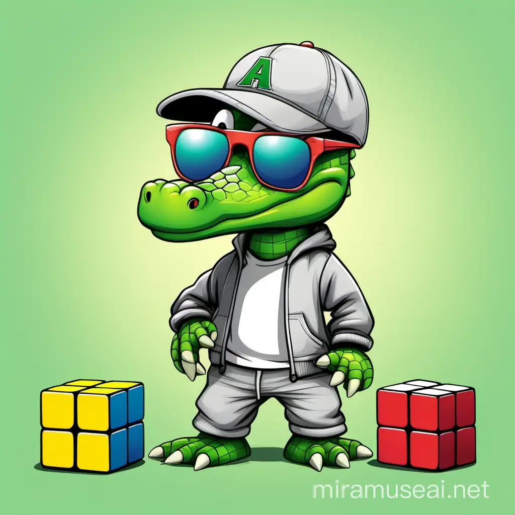 cute, adorable, cartoon-like green aligator, wearing grey sweatpants, sunglasses and baseball cap, trying put together broken rubik's cube