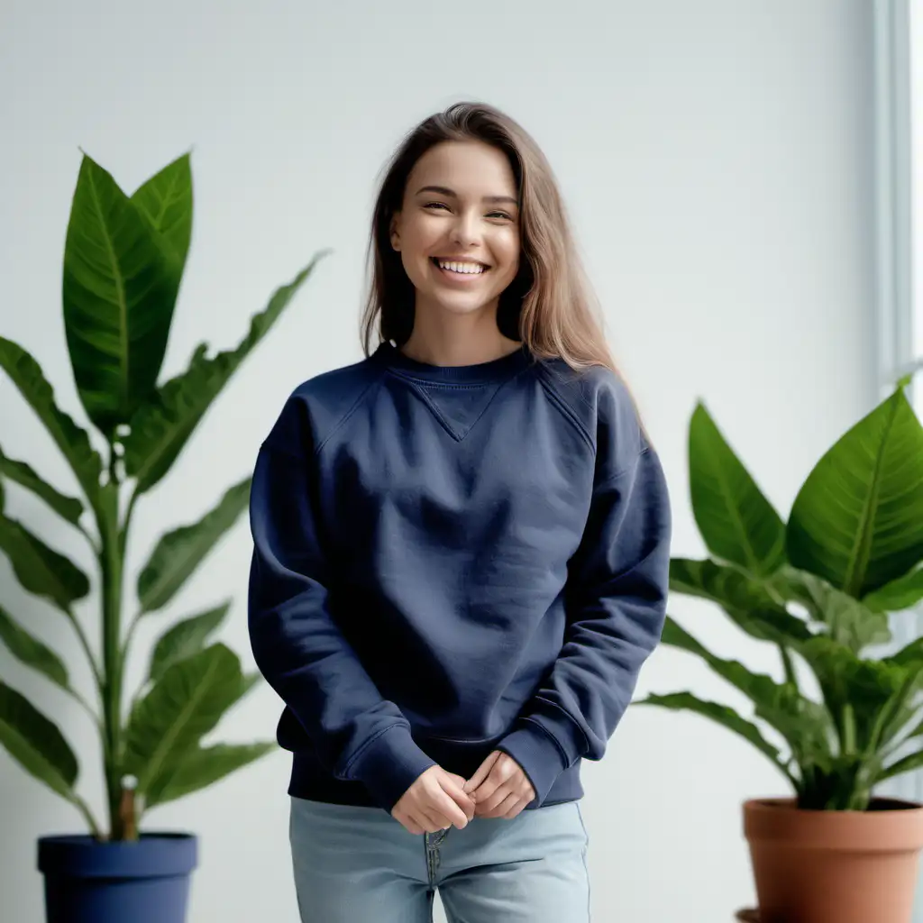 woman in blank navy color sweatshirt standing, in a bright room, near a plant, facing the camera, smiling