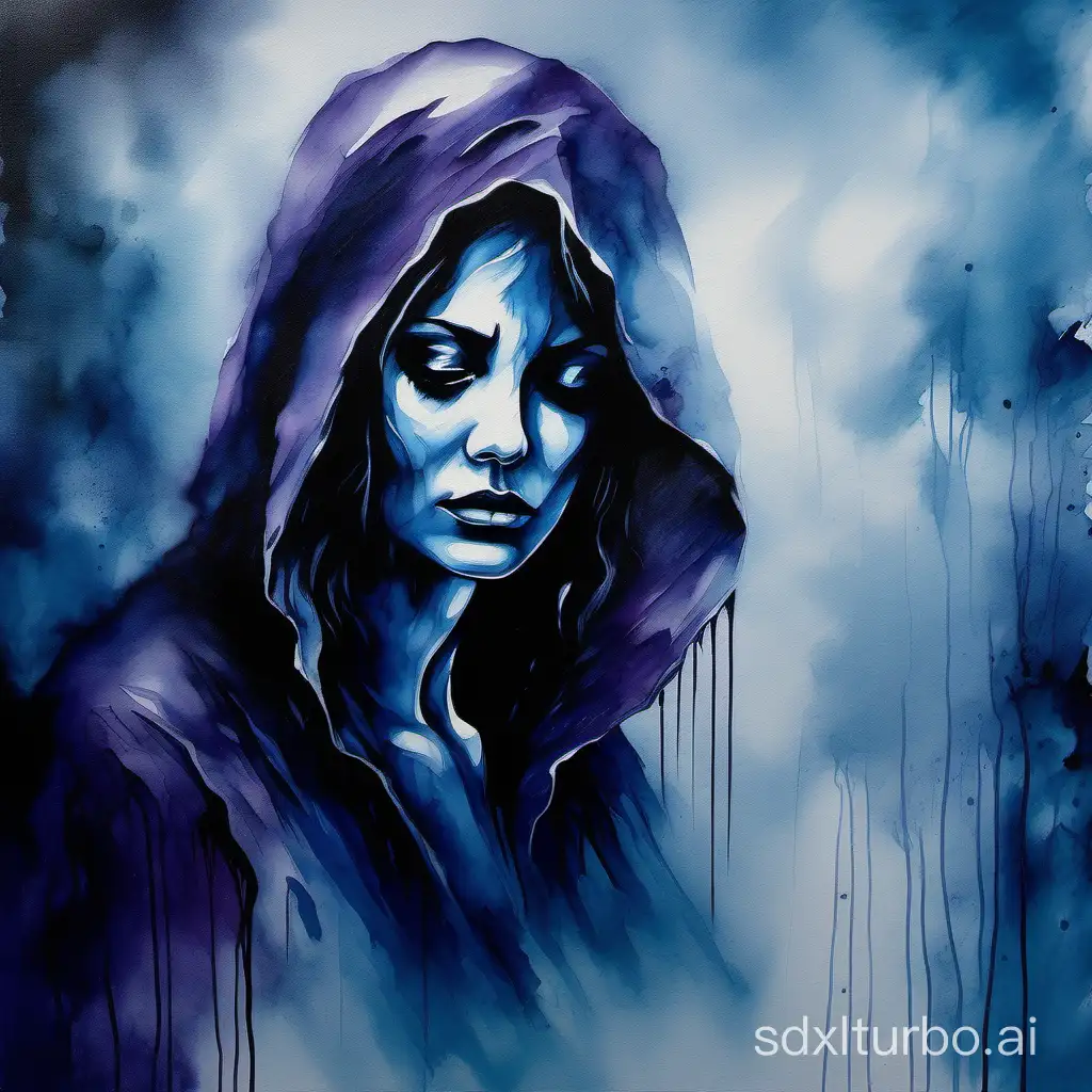 a dark violet silhouette of beautiful woman shrouded in greyish blue mist, with a sorrowful eyes,  pain and anguish facial expression , ghostly shapes in background , impressionist, acrylic ink wash painting, in the style of Leonid Afremov, centered,16k, HQ, UHD, highly detailed, trending on cgsociet