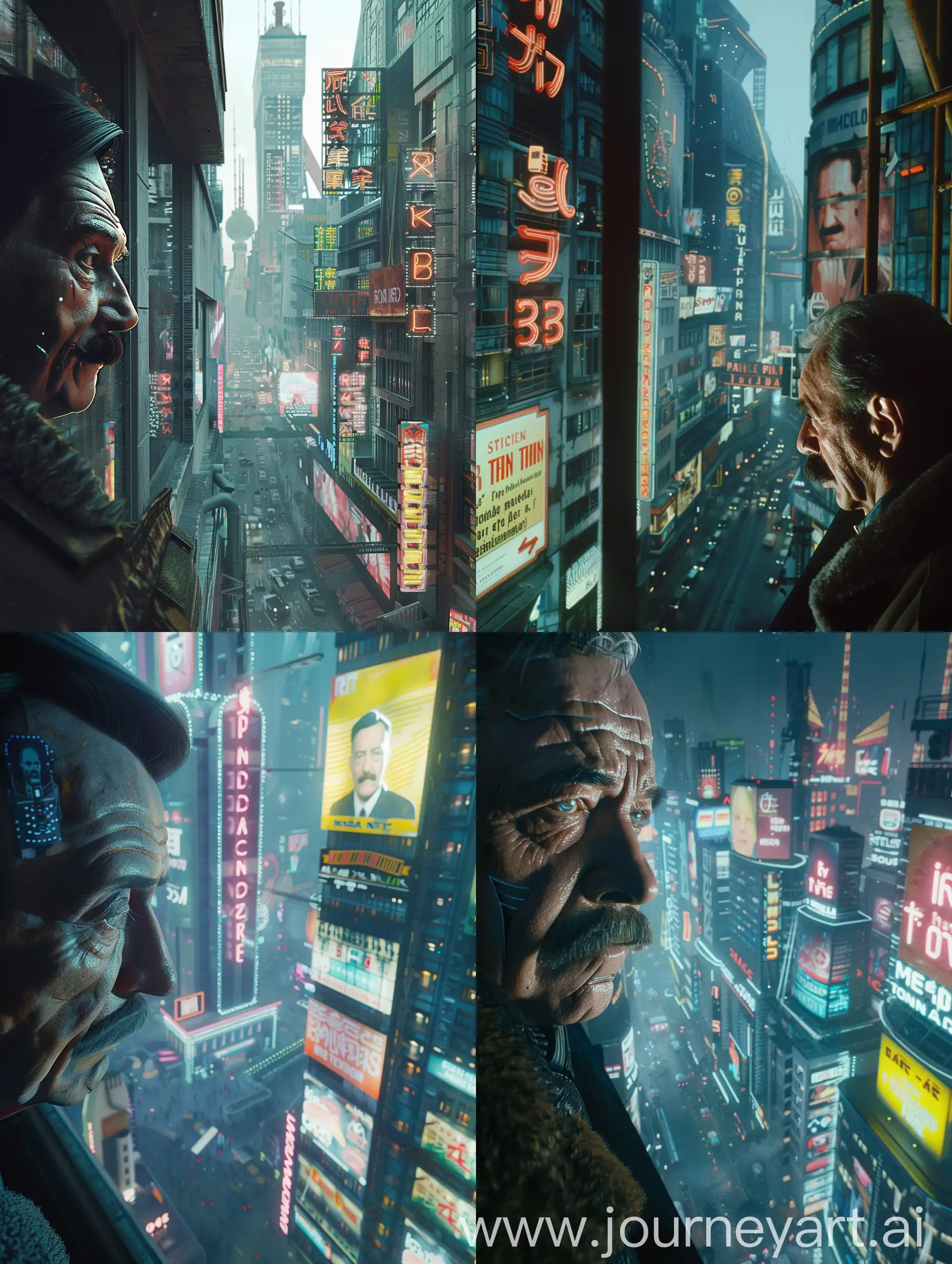 35mm film still, a Blade Runner style scene of a dystopian cyberpunk future city filled with neon signs and billboards.  A neon cyberpunk famous German leader with a mustache looks sadly out the window of his high-rise apartment overlooking the city.  --style raw --v 6.0