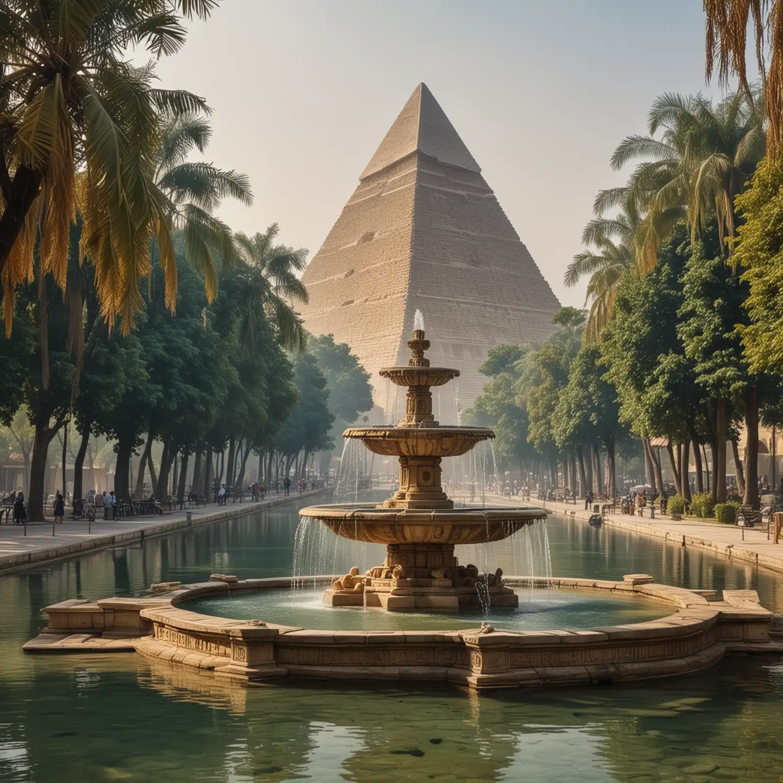 Spectacular-Landscape-with-Majestic-Fountain-and-Pyramid-Amidst-Lush-Greenery