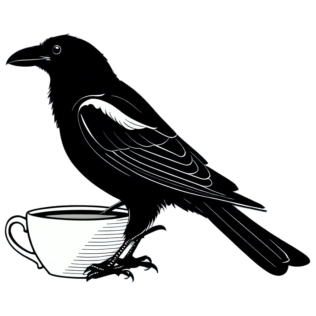Exquisite-PNG-Line-Art-Majestic-Raven-Perched-on-Coffee-Cup