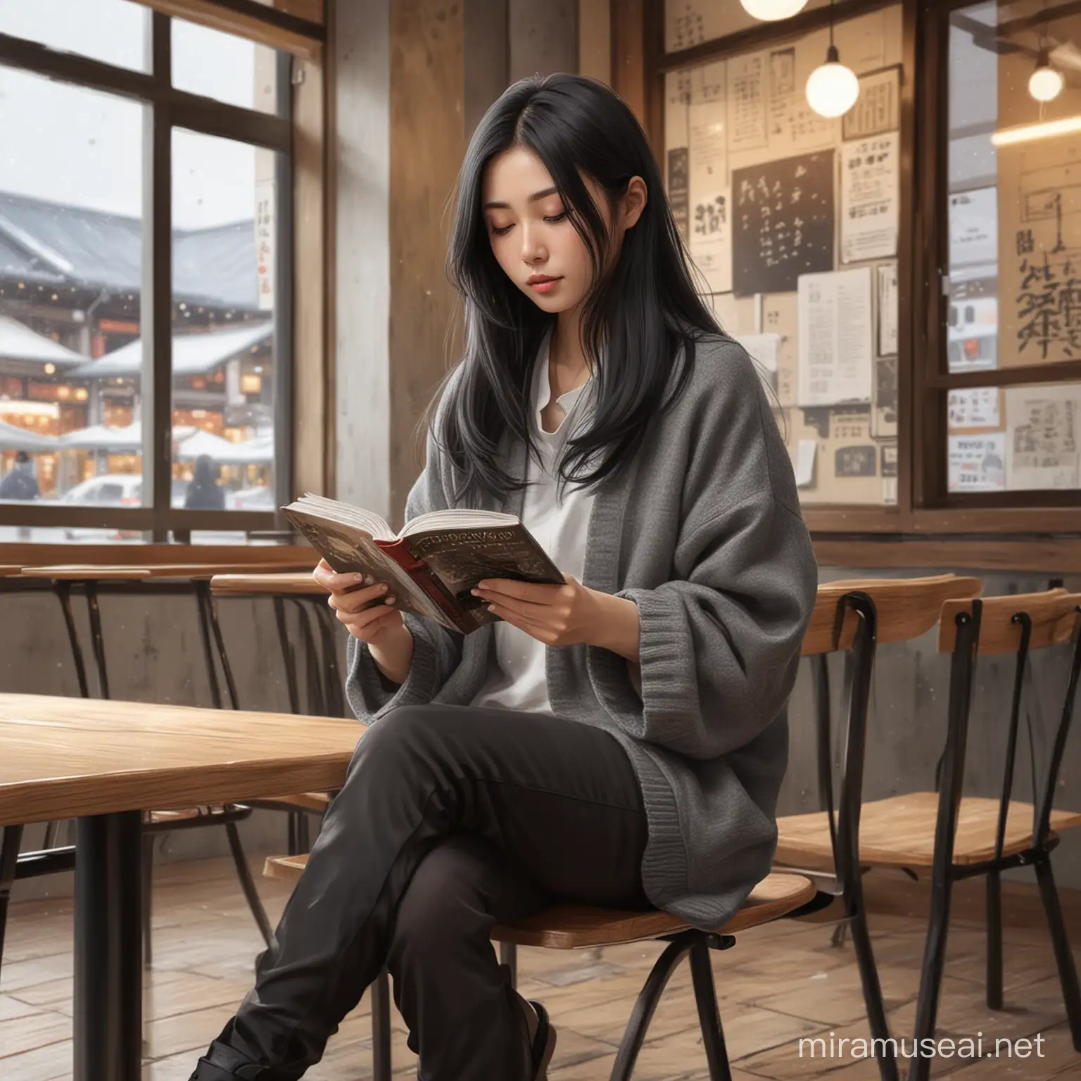japanese woman with long black hair, wearing casual winter clothes, sitting inside the cafe, reading book, draw in digital art