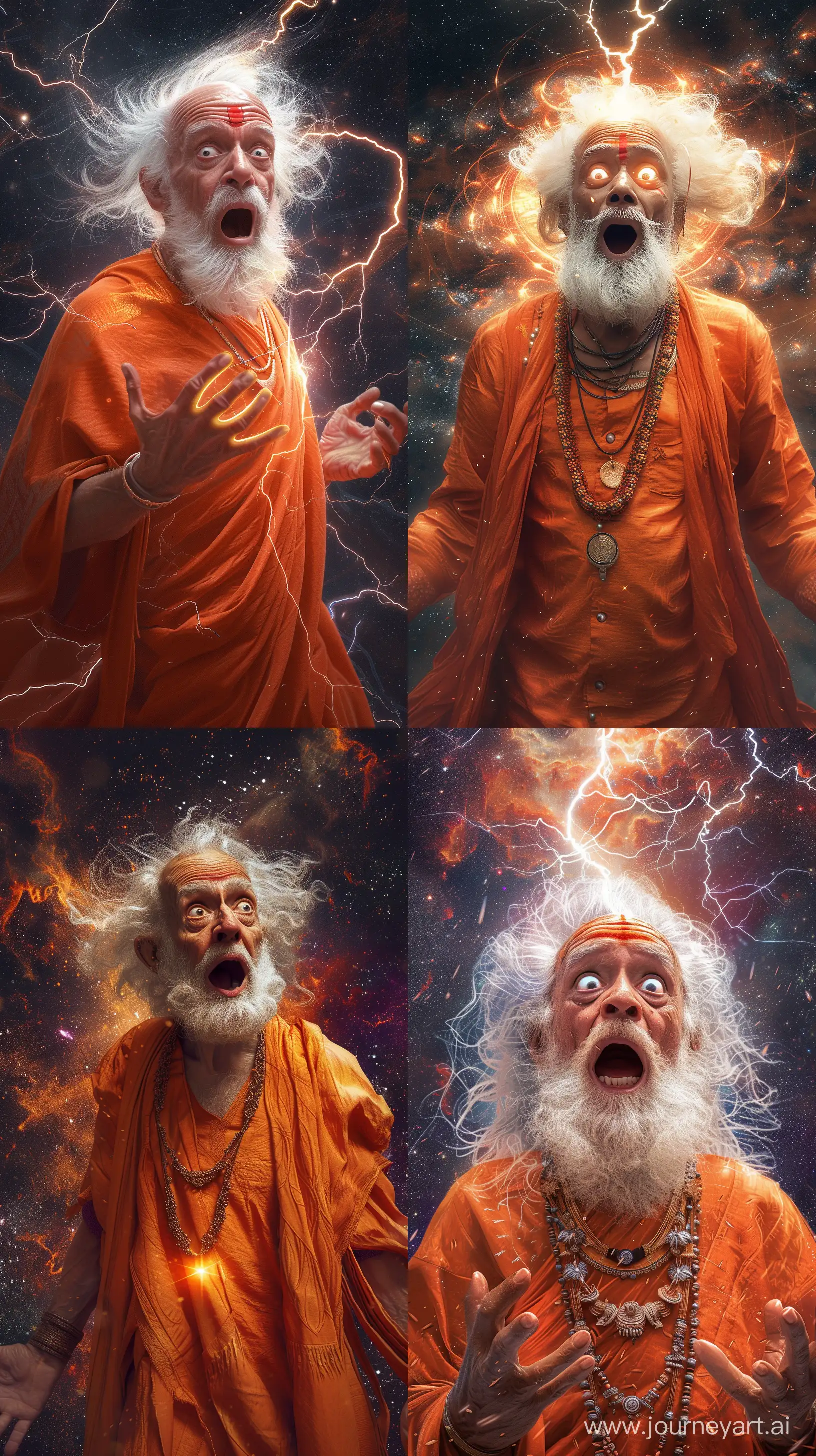 Realistic digital paintings depicting an elder indian sage in an orange attire, white haired and bearded, shocked yet lighting smiling face as if he's impressed, intricate details, serene cosmic background, high resolution UHD, --ar 9:16
