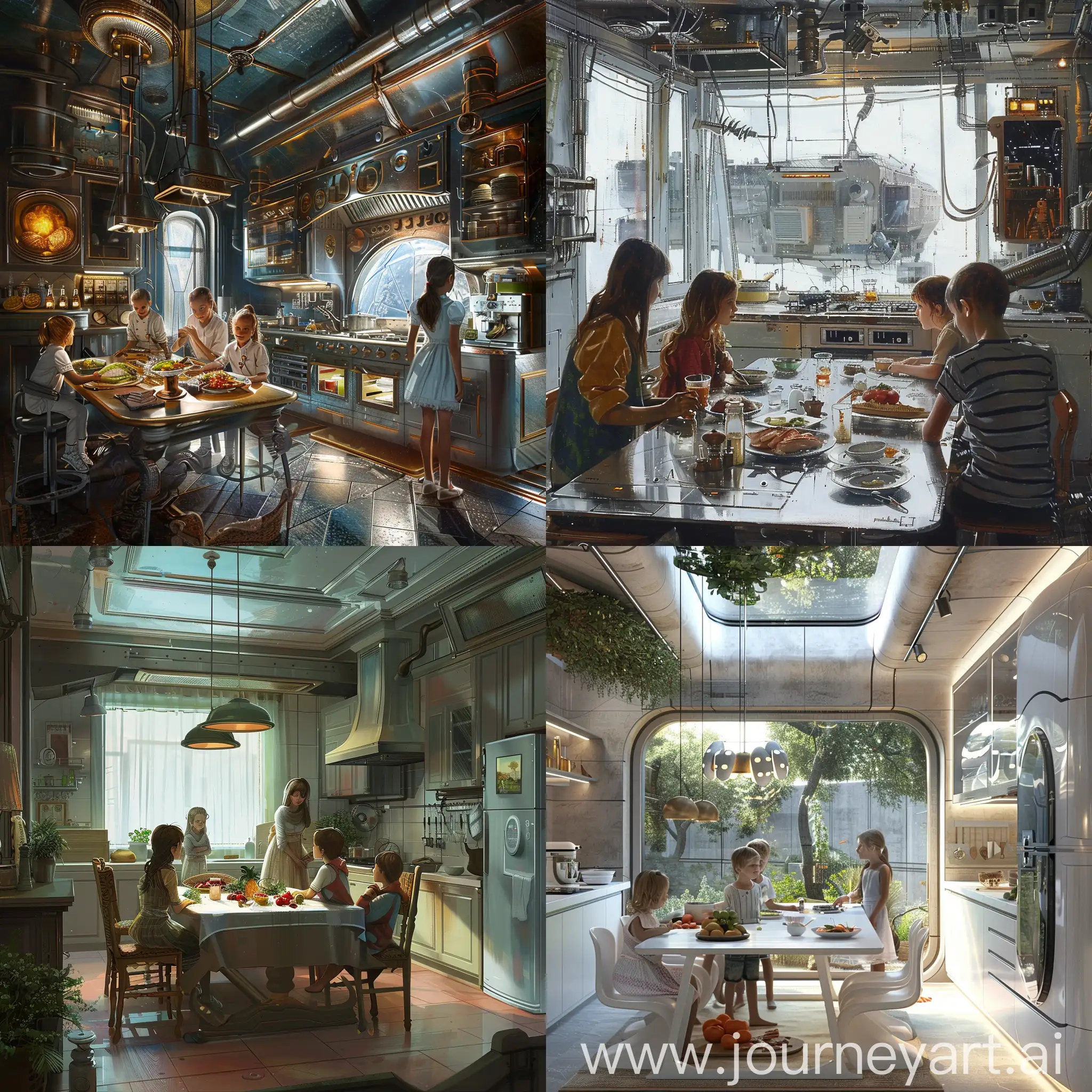 Futuristic-Russian-Kitchen-Two-Girls-and-Three-Boys-Engaged-in-SciFi-Exploration