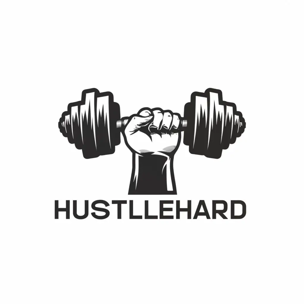 a logo design,with the text "HUSTLEHARD", main symbol:dumble, workout,Moderate,clear background