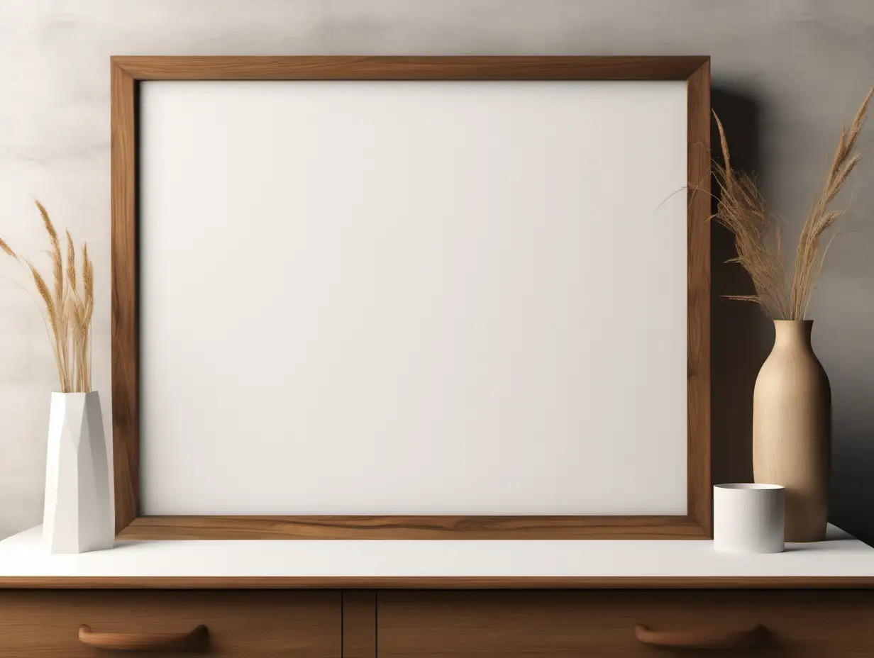Wooden Picture Frame Mockup with Blank Canvas on Dresser