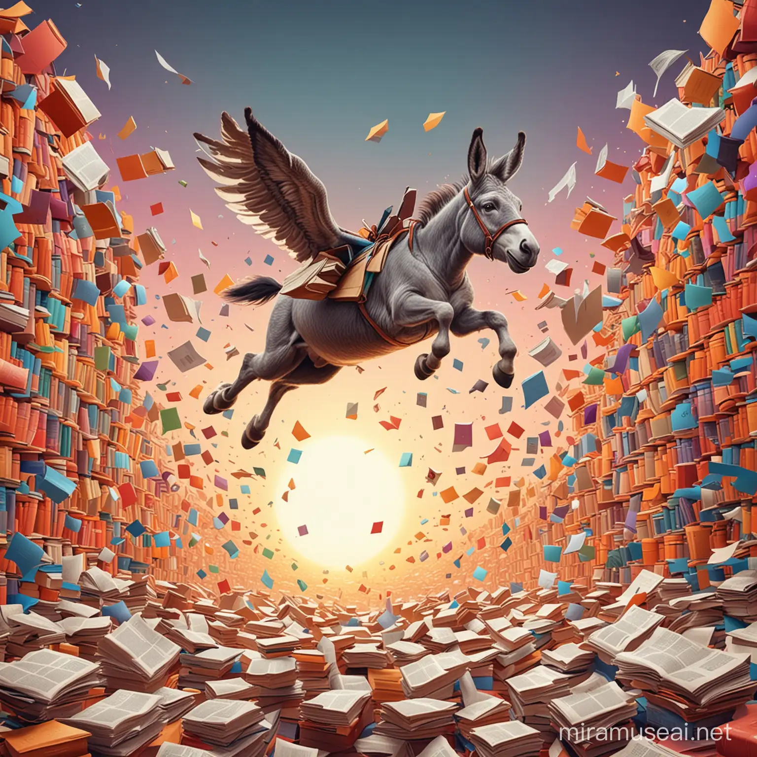 a flying donkey over a colorful land of books, newspapers, tablets and computers illustration style